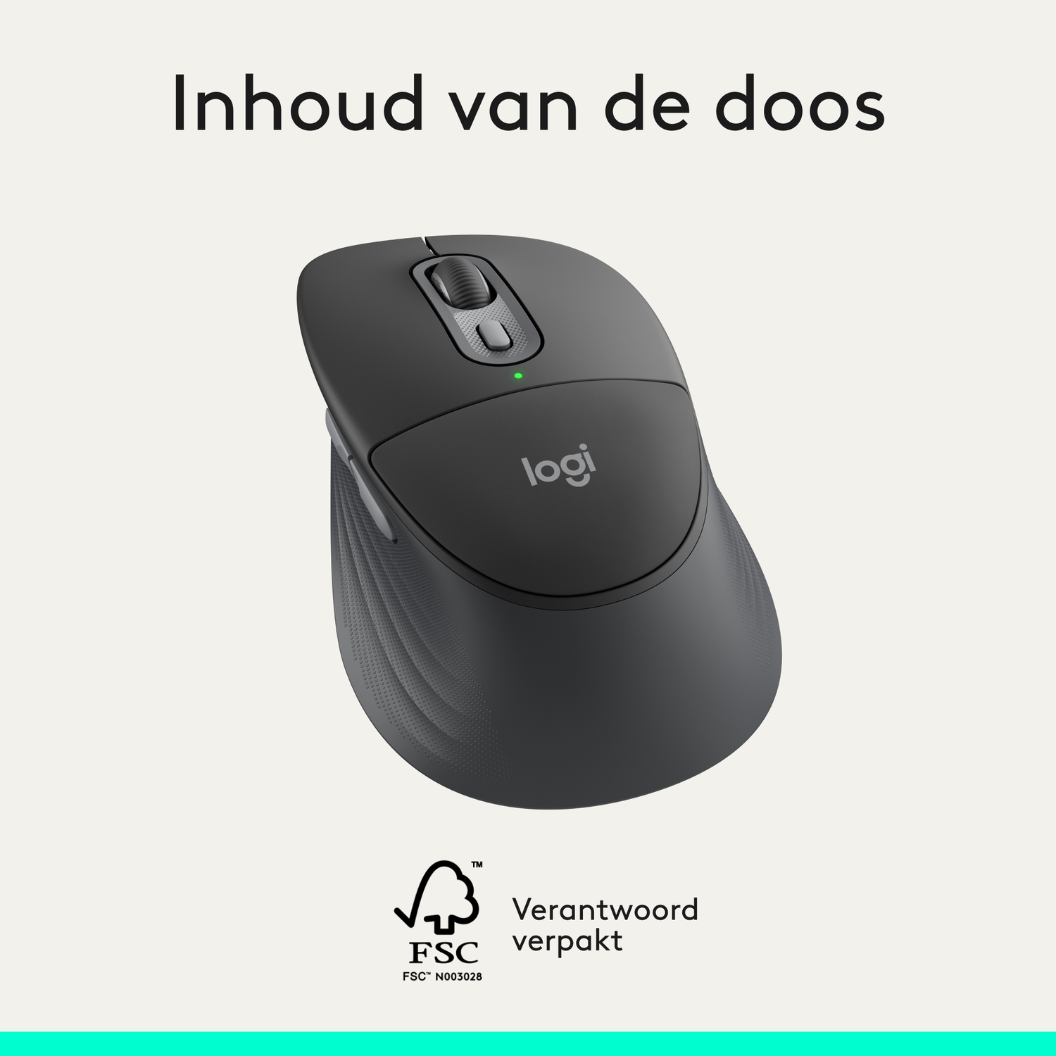 A black Logitech computer mouse with a green indicator light is shown on a light background with text.