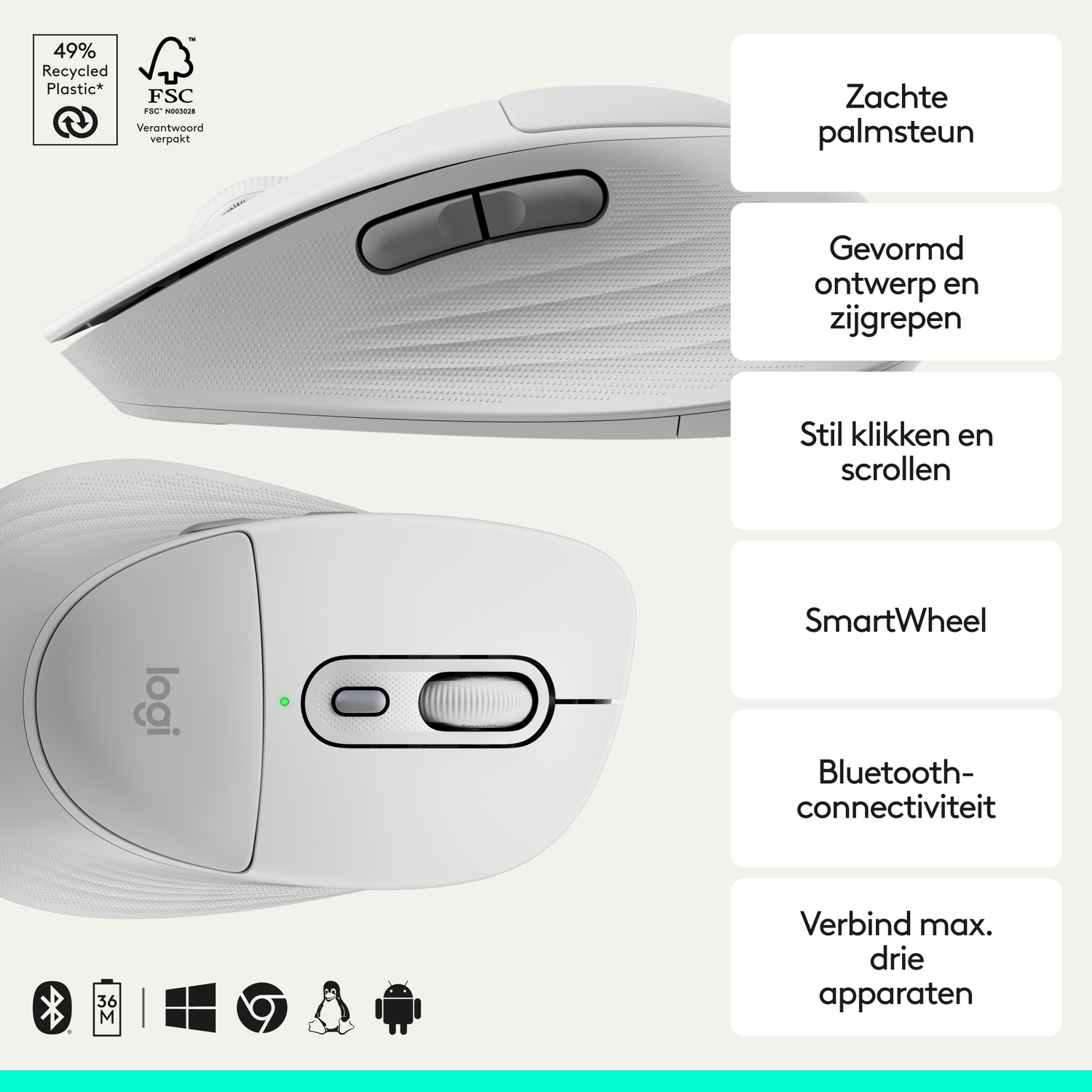 White Logitech mouse with text boxes describing features like SmartWheel.