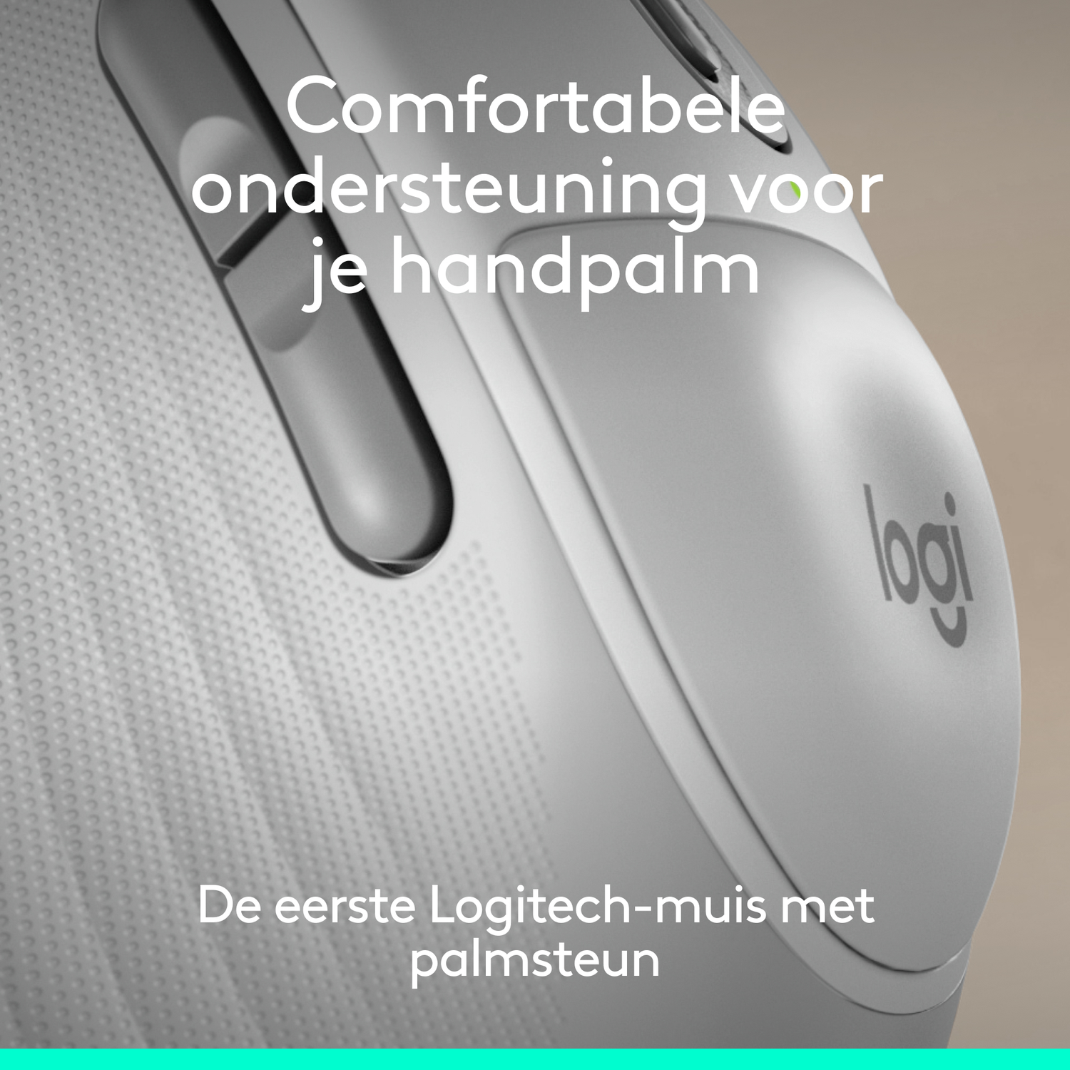 Grey Logitech mouse with palm rest, text in Dutch.
