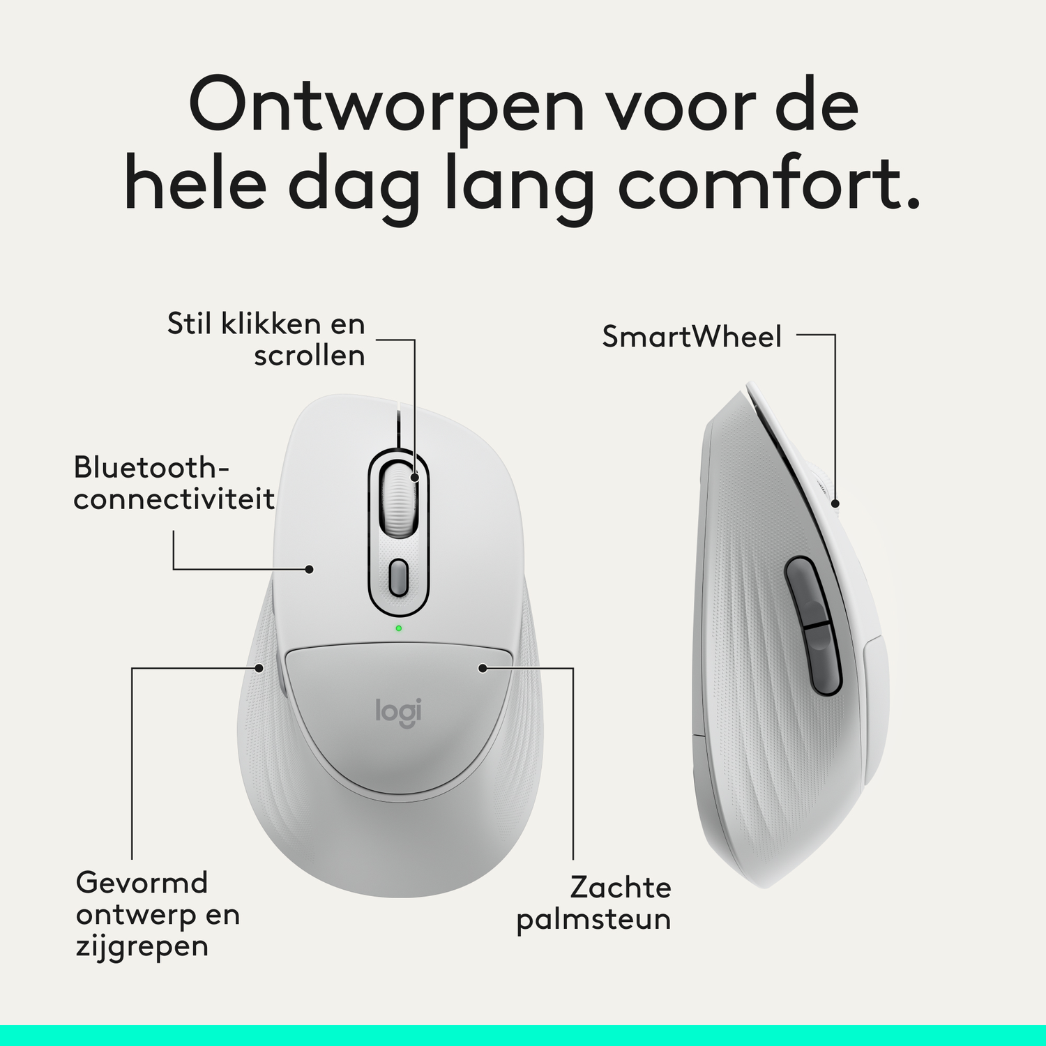White Logitech mouse with labels: Quiet clicks, SmartWheel, Bluetooth connectivity.