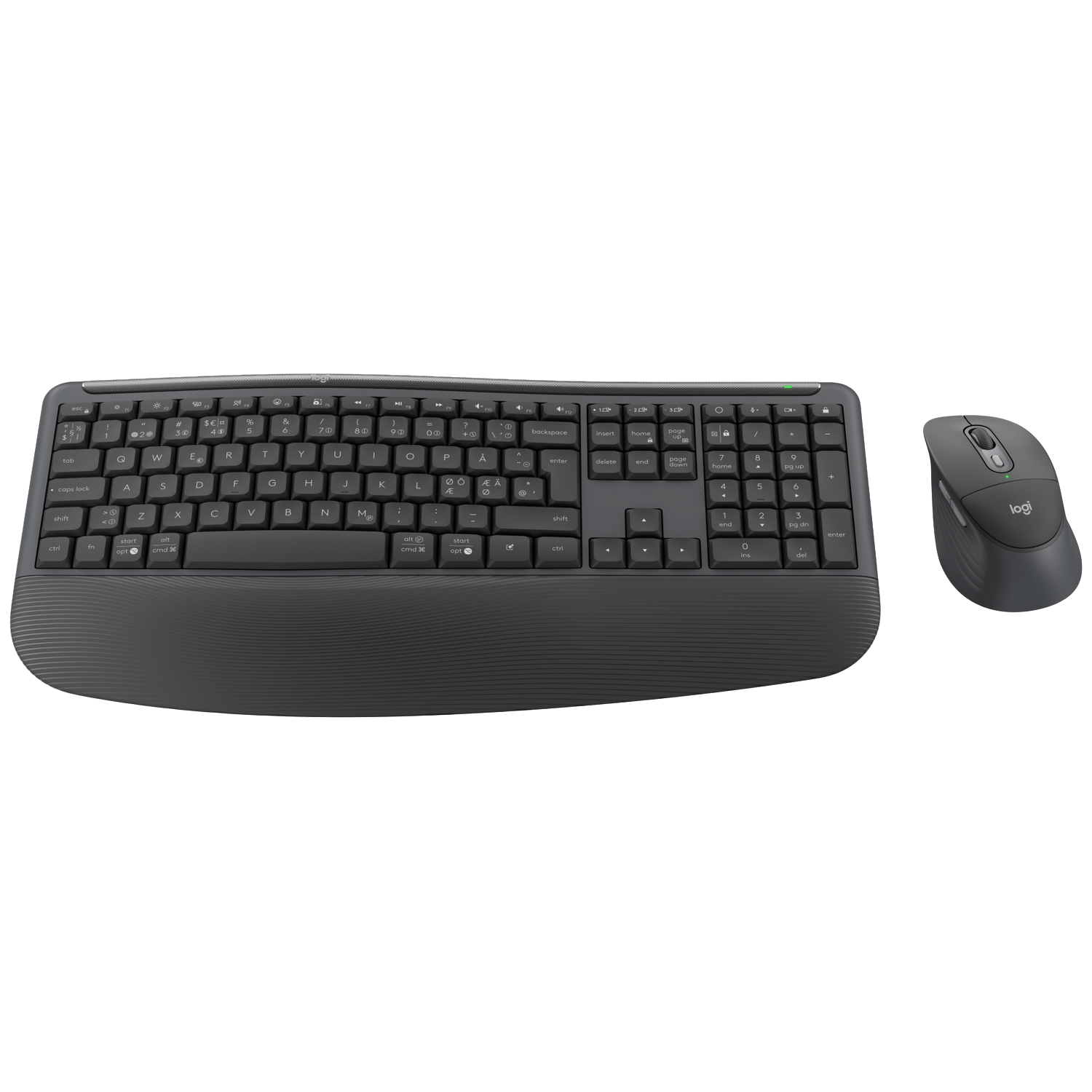 A gray keyboard and mouse with the Logitech logo on a black background.