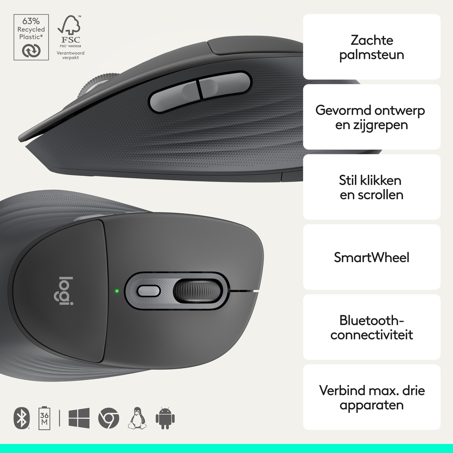 Gray Logitech mouse with feature callouts and sustainability seals.