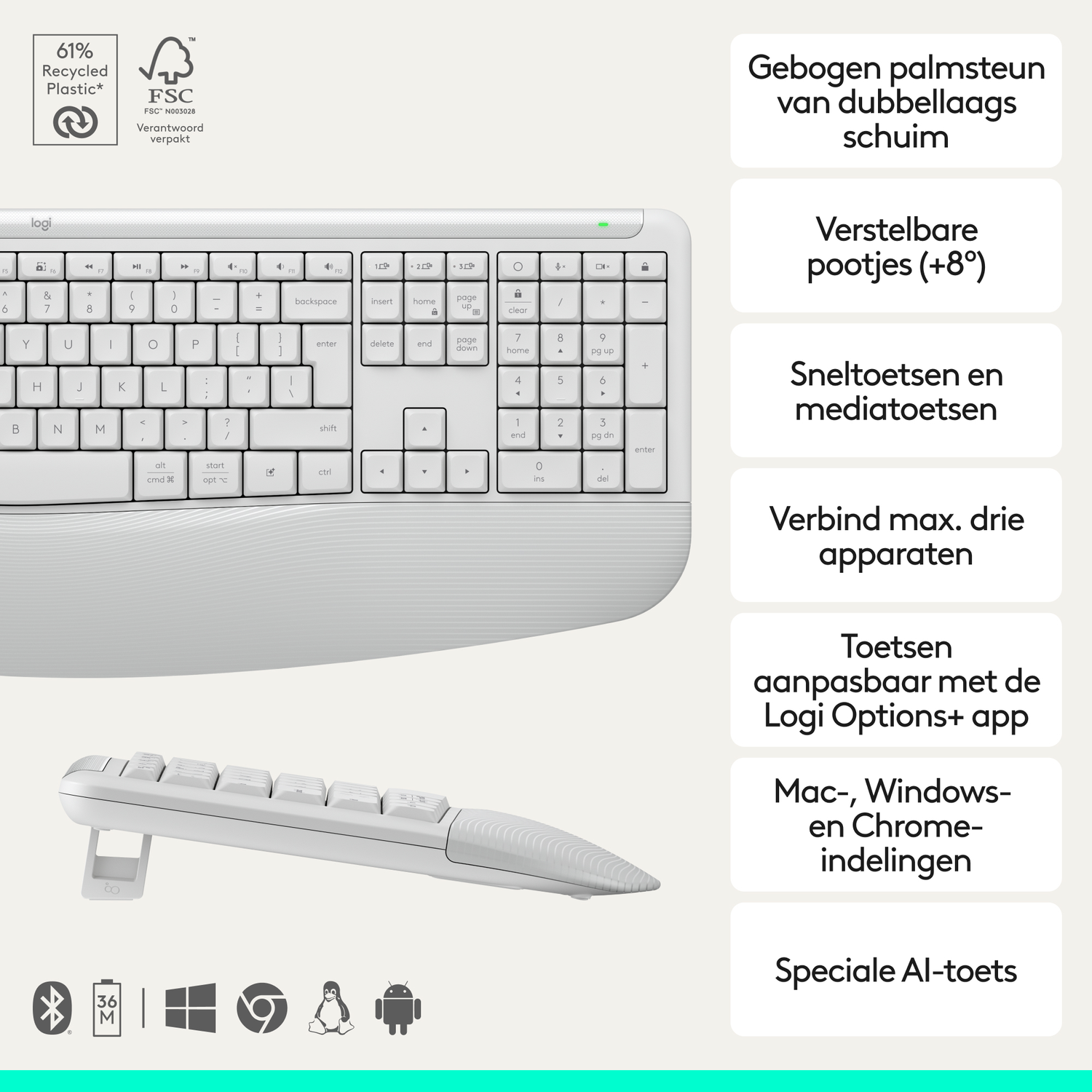A white keyboard with text boxes detailing features like ergonomic support and connectivity options.