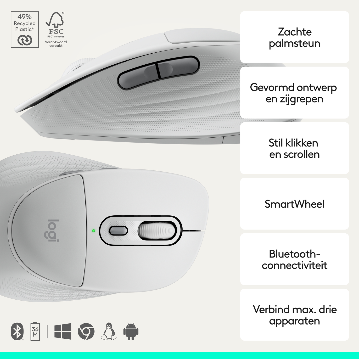 White Logitech mouse with scroll wheel, buttons, and logo. Below: Bluetooth icons.