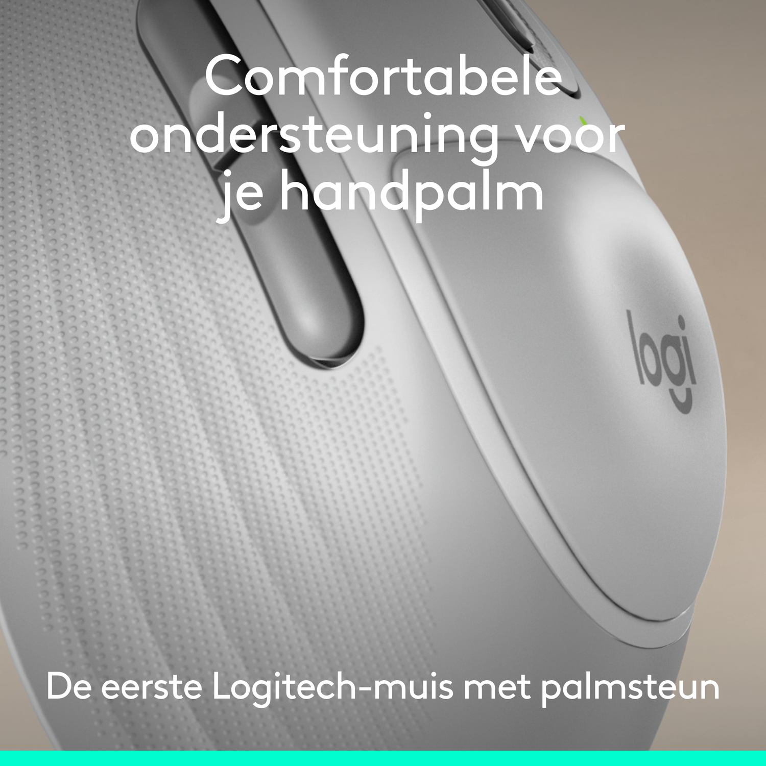 A white Logitech mouse with text and a green light.