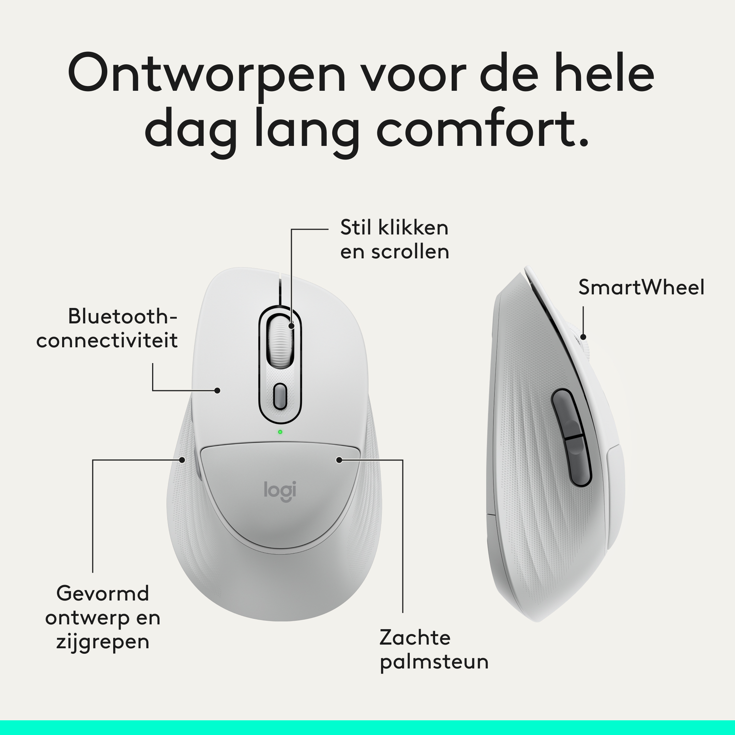 White Logitech mouse with labels for Bluetooth, SmartWheel, and ergonomic design.
