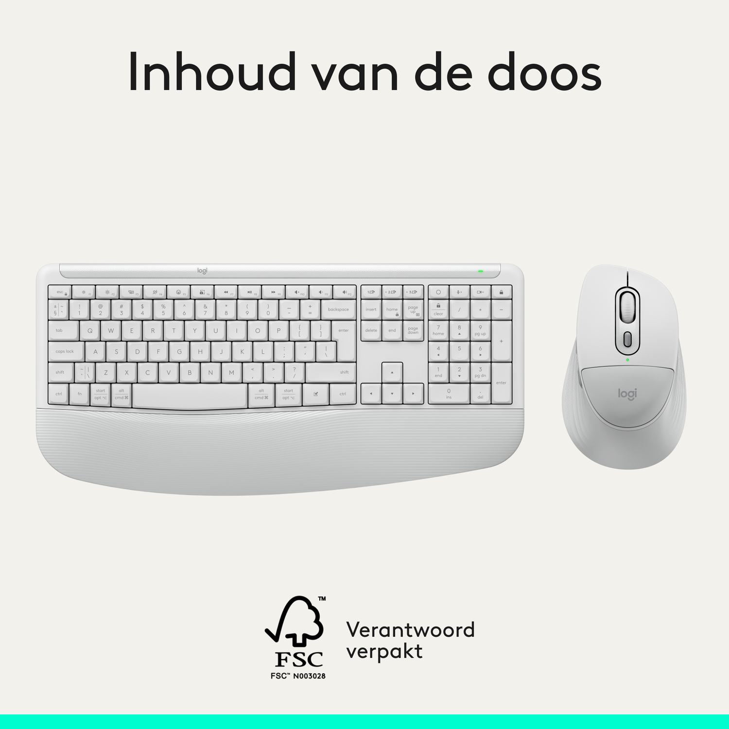 A white wireless Logitech keyboard and mouse are placed side by side.