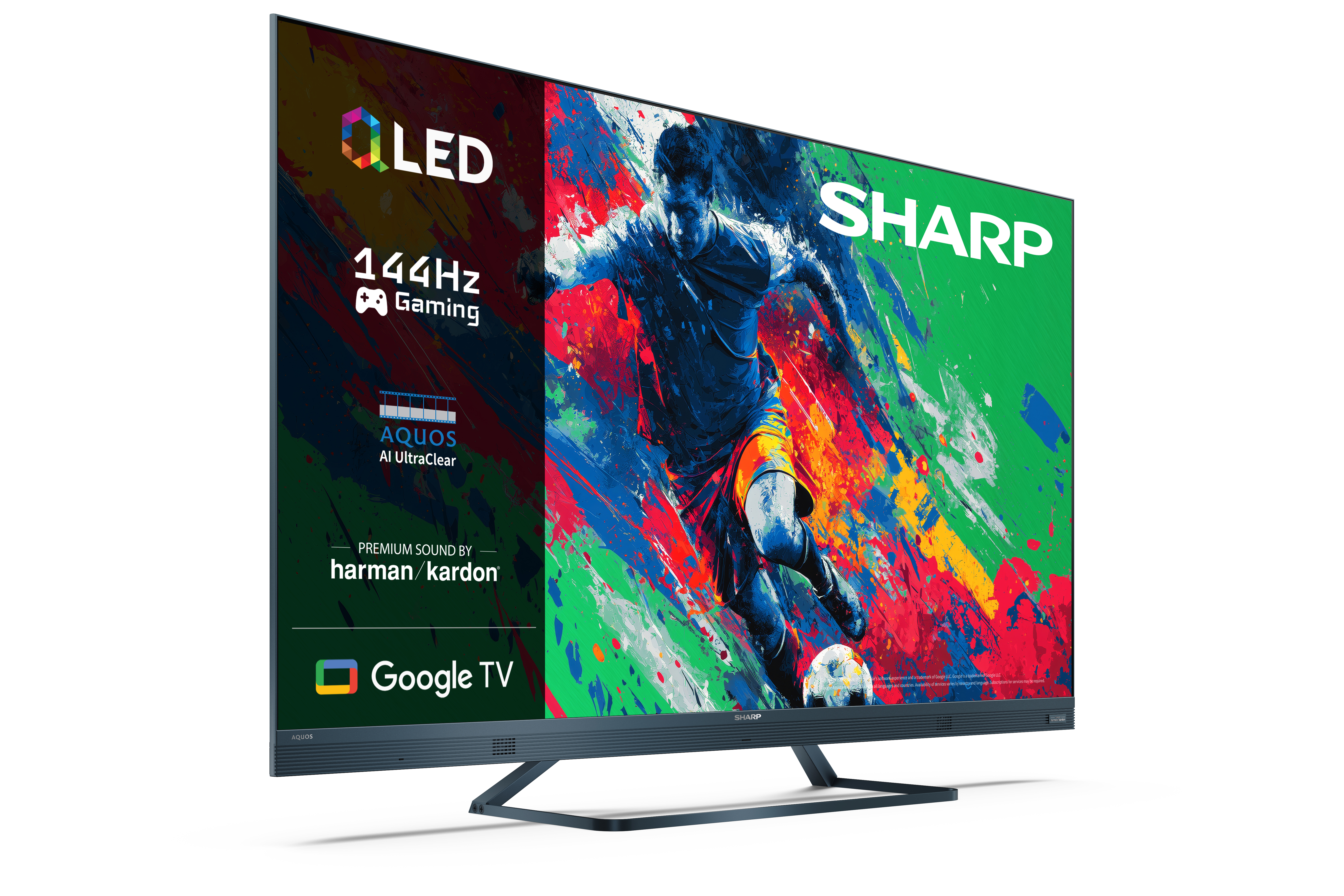 Telewizor Sharp OLED z 144Hz do gier, grafiką piłkarza i Google TV.