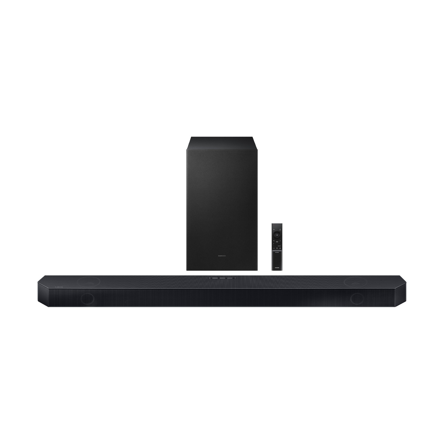Soundbar, subwoofer e telecomando neri su sfondo bianco.