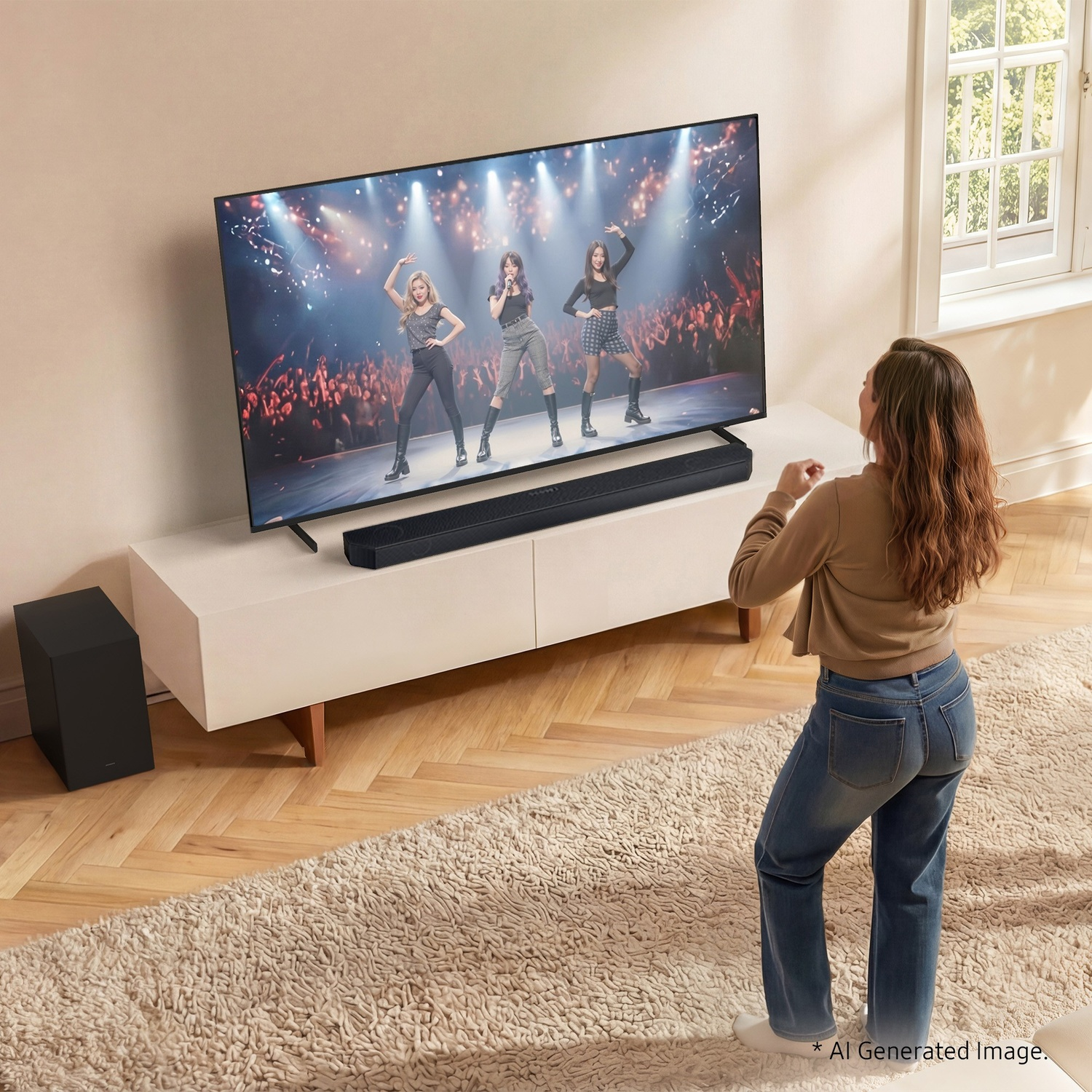 Una donna guarda una TV che mostra una band esibirsi. Un subwoofer è a sinistra.