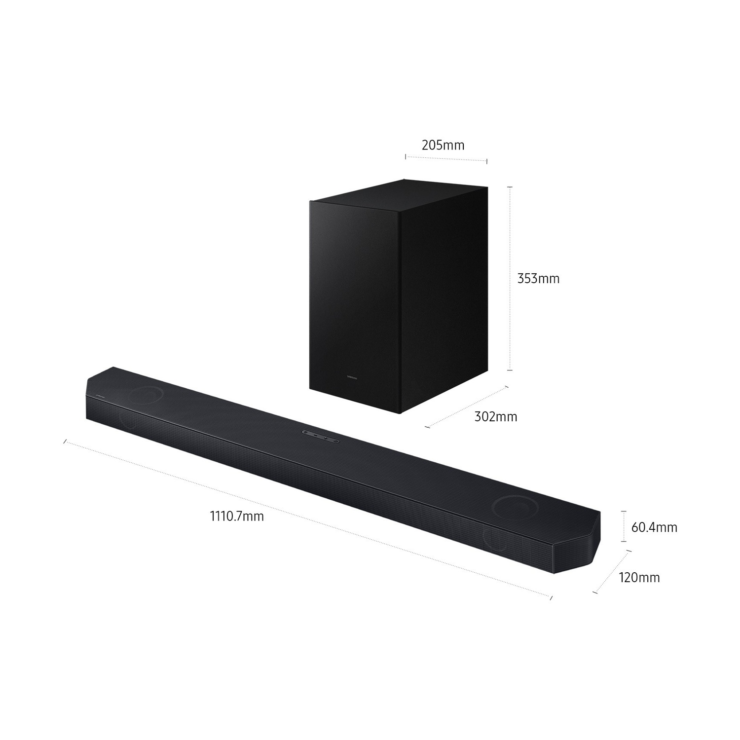 Soundbar e subwoofer neri con dimensioni indicate.