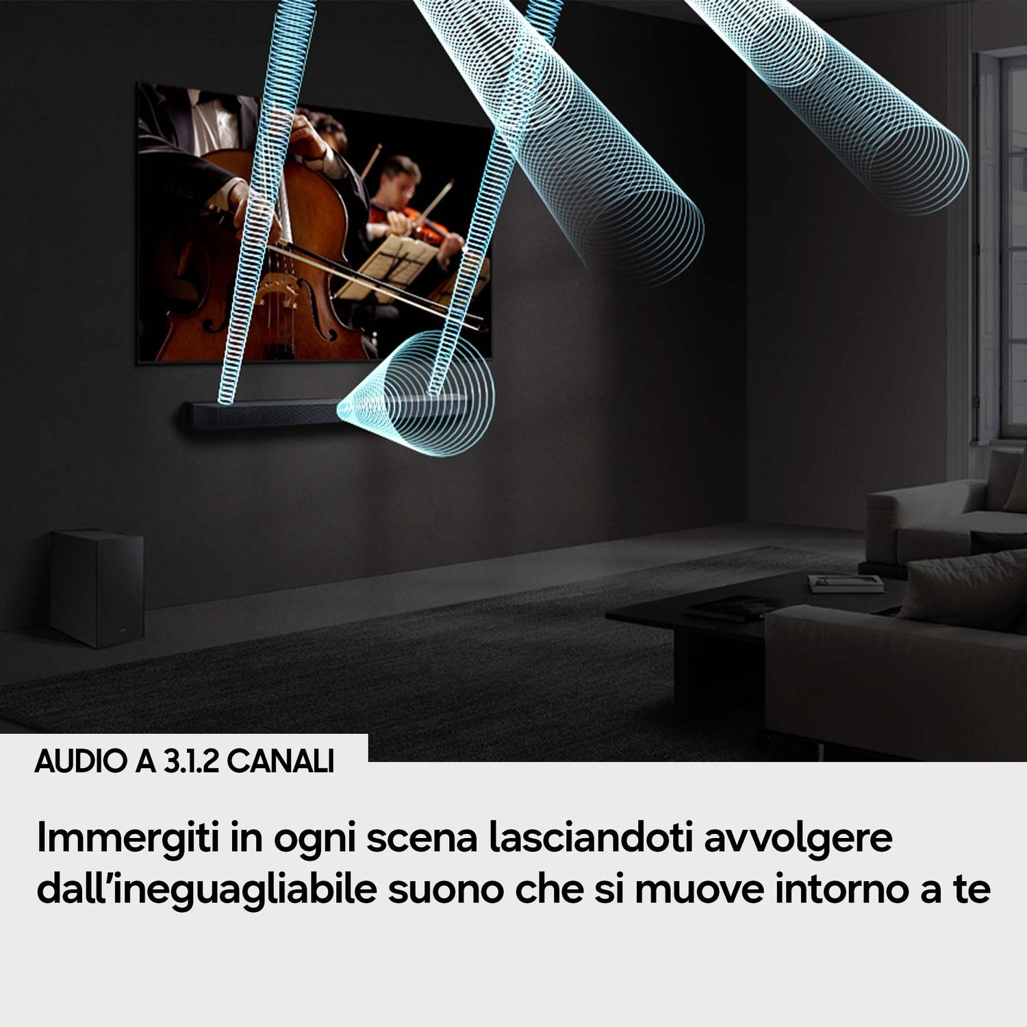 Un televisore mostra un'orchestra, onde sonore fluttuano sopra.