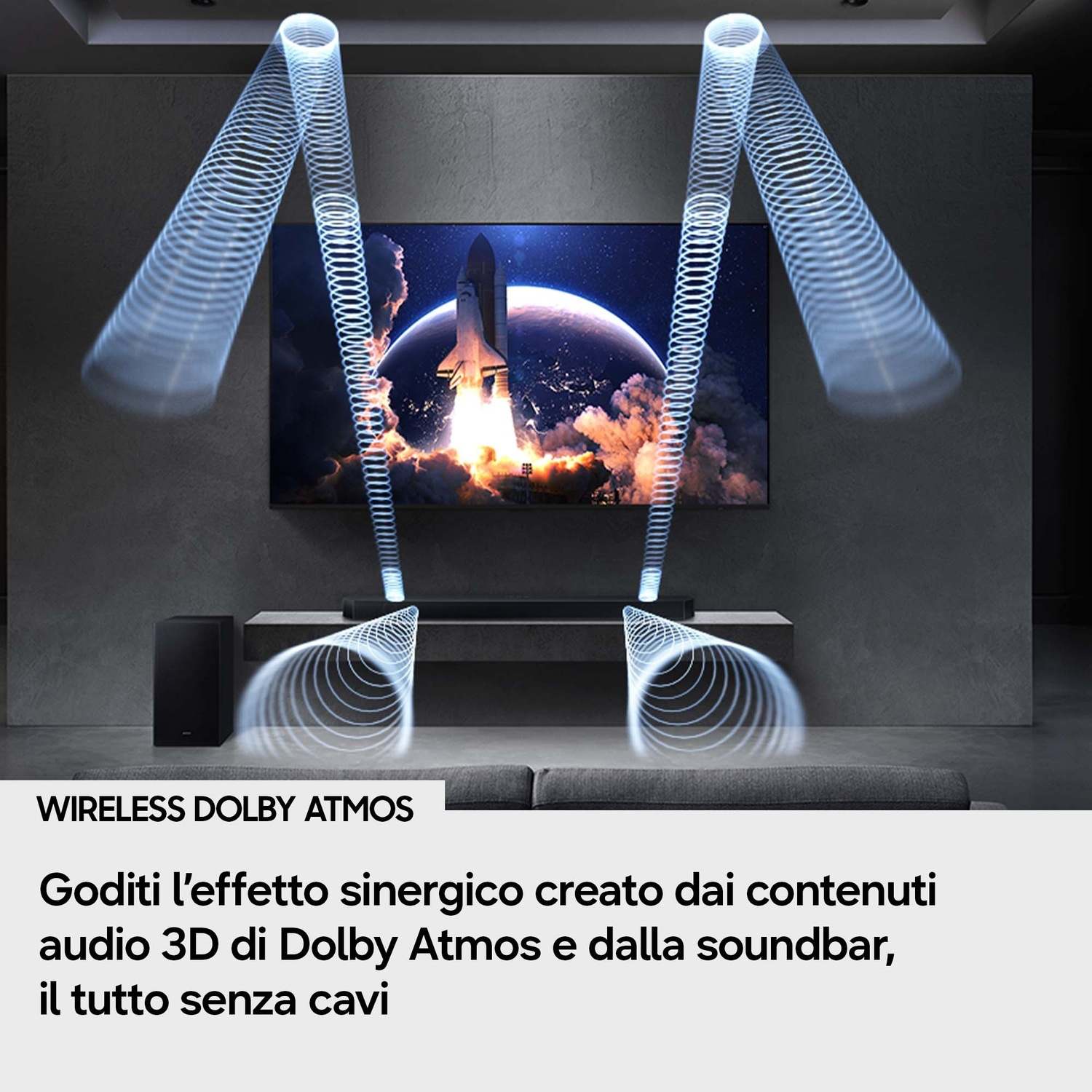Soundbar con lancio razzo su TV, Dolby Atmos, wireless.