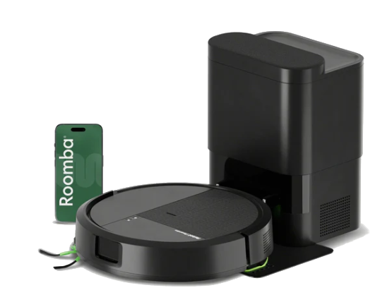 Czarny robot sprzątający i stacja ładująca z zieloną etykietą Roomba.