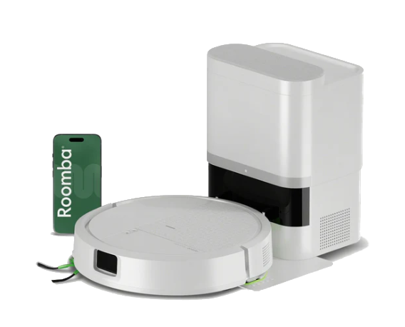 Biały robot sprzątający, stacja dokująca i zielona karta Roomba.