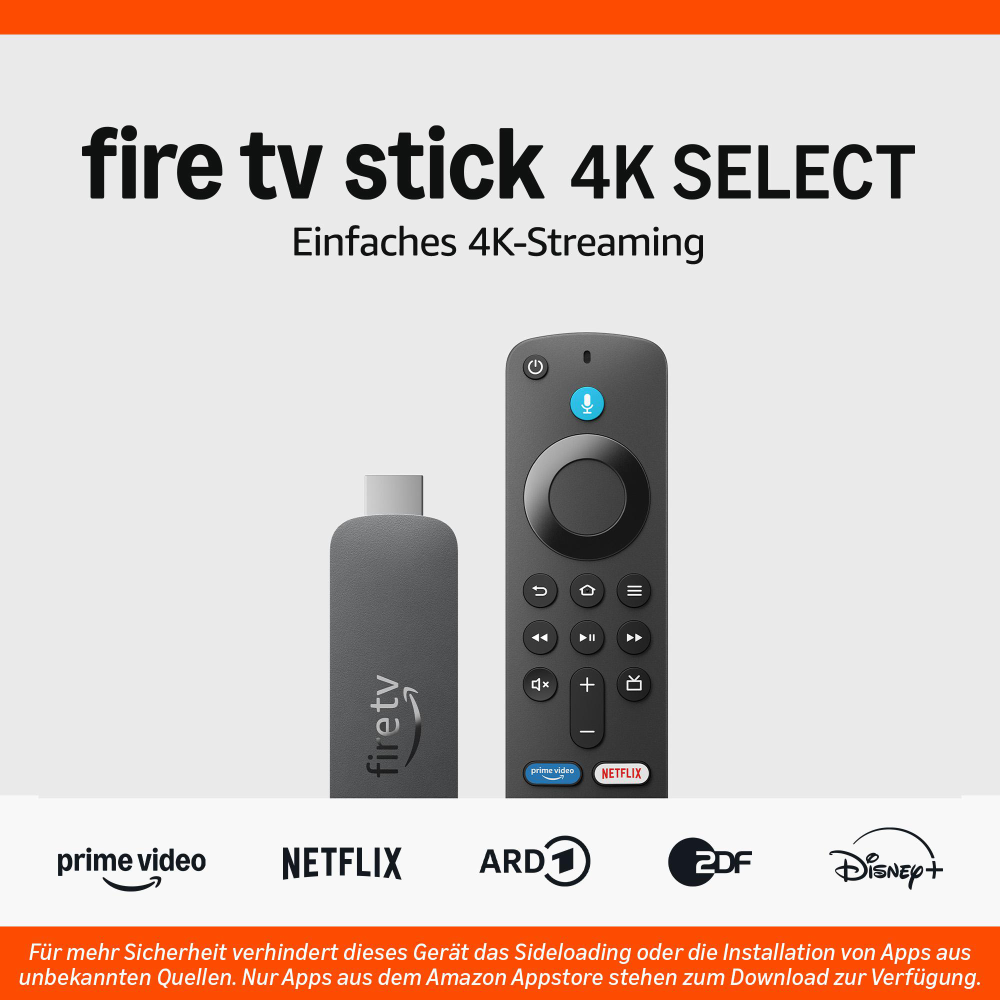 Fire TV Stick 4K mit Fernbedienung, Logos von Prime Video, Netflix, ARD, 2DF, Disney+