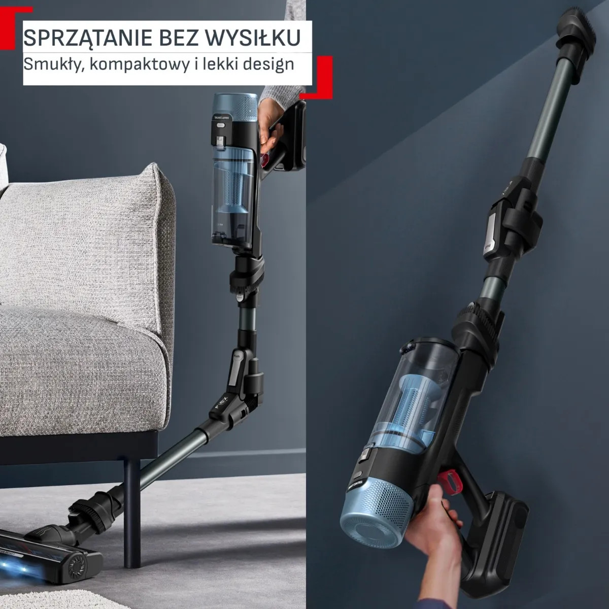 Odkurzacz bezprzewodowy czyszczący pod szarą sofą i trzymany w dłoni.
