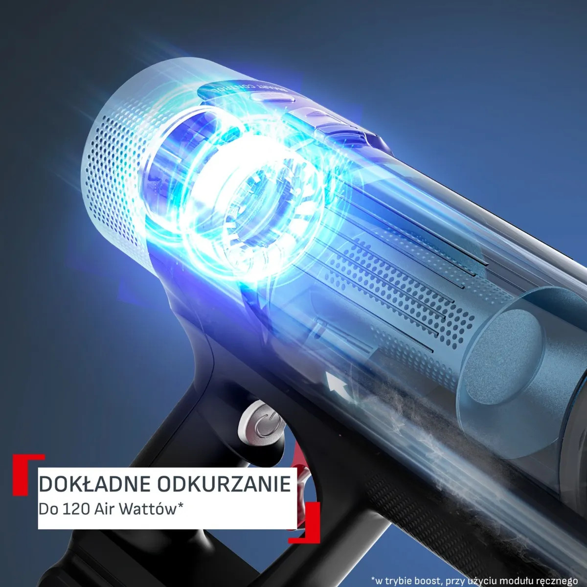Zbliżenie obszaru ssania odkurzacza z niebieskimi światłami.