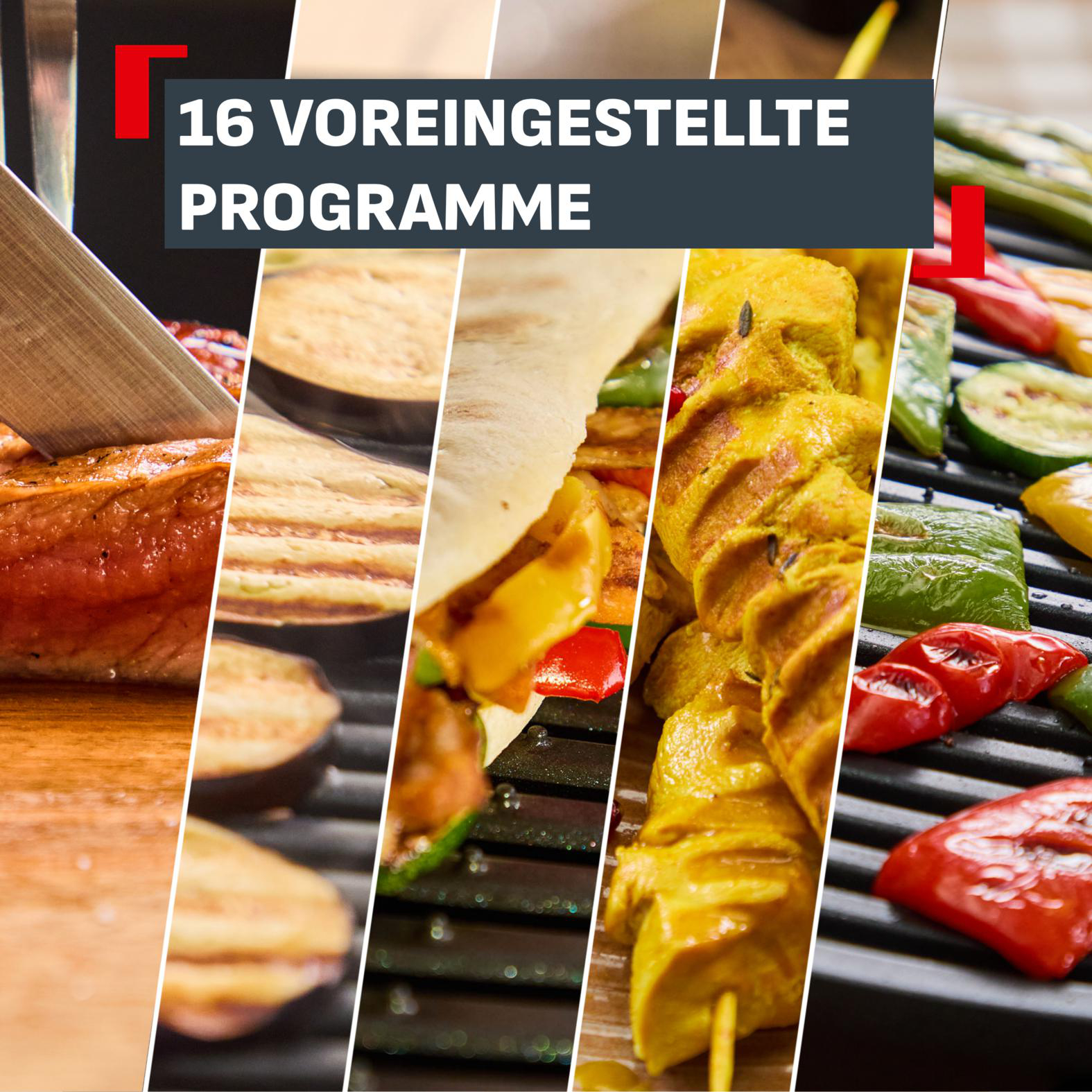 Collage von Grillgerichten mit Fleisch, Auberginen, Wraps, Spießen und Paprika.