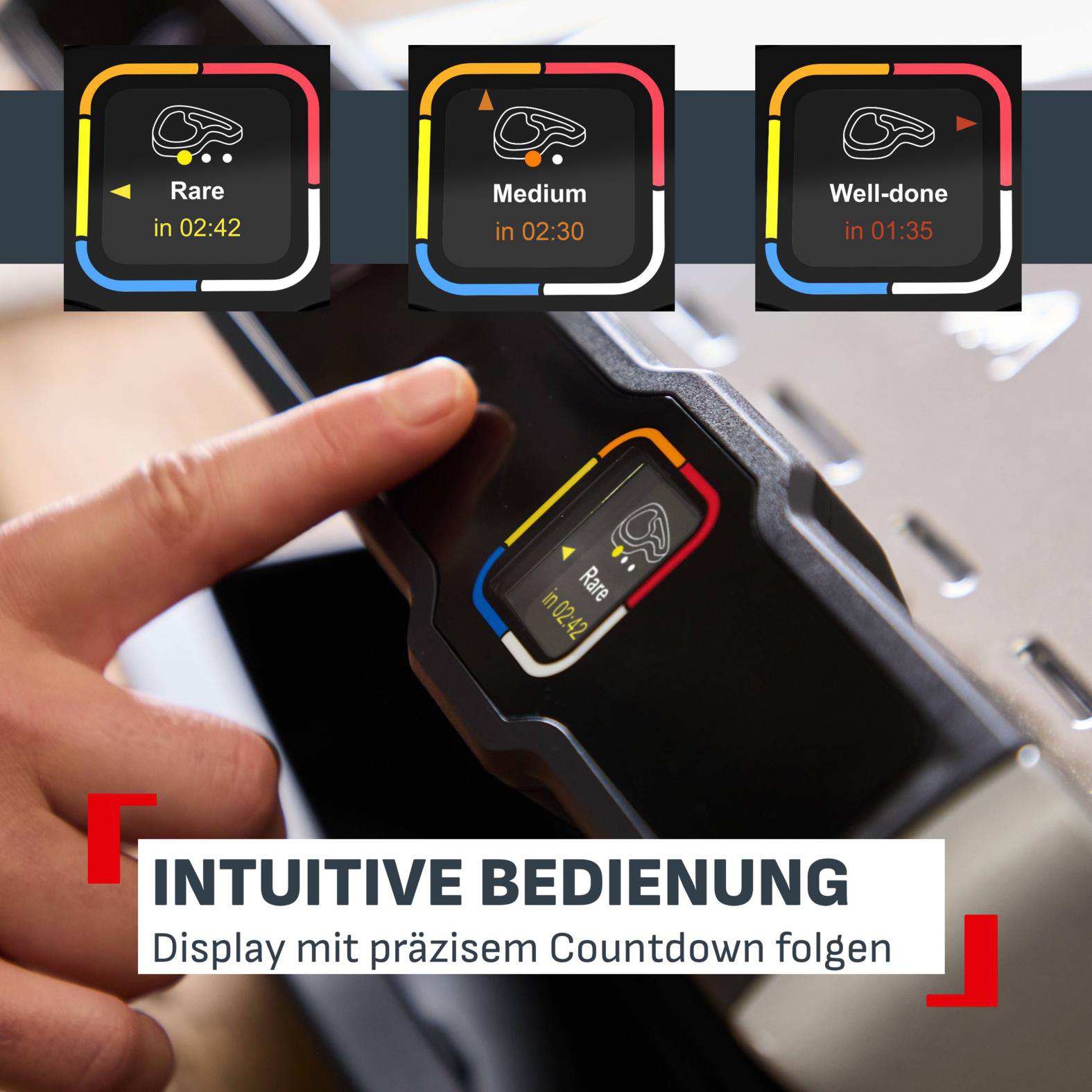 Ein Finger berührt ein Display mit Optionen für Fleischgarstufen: Rare, Medium, Well-done.