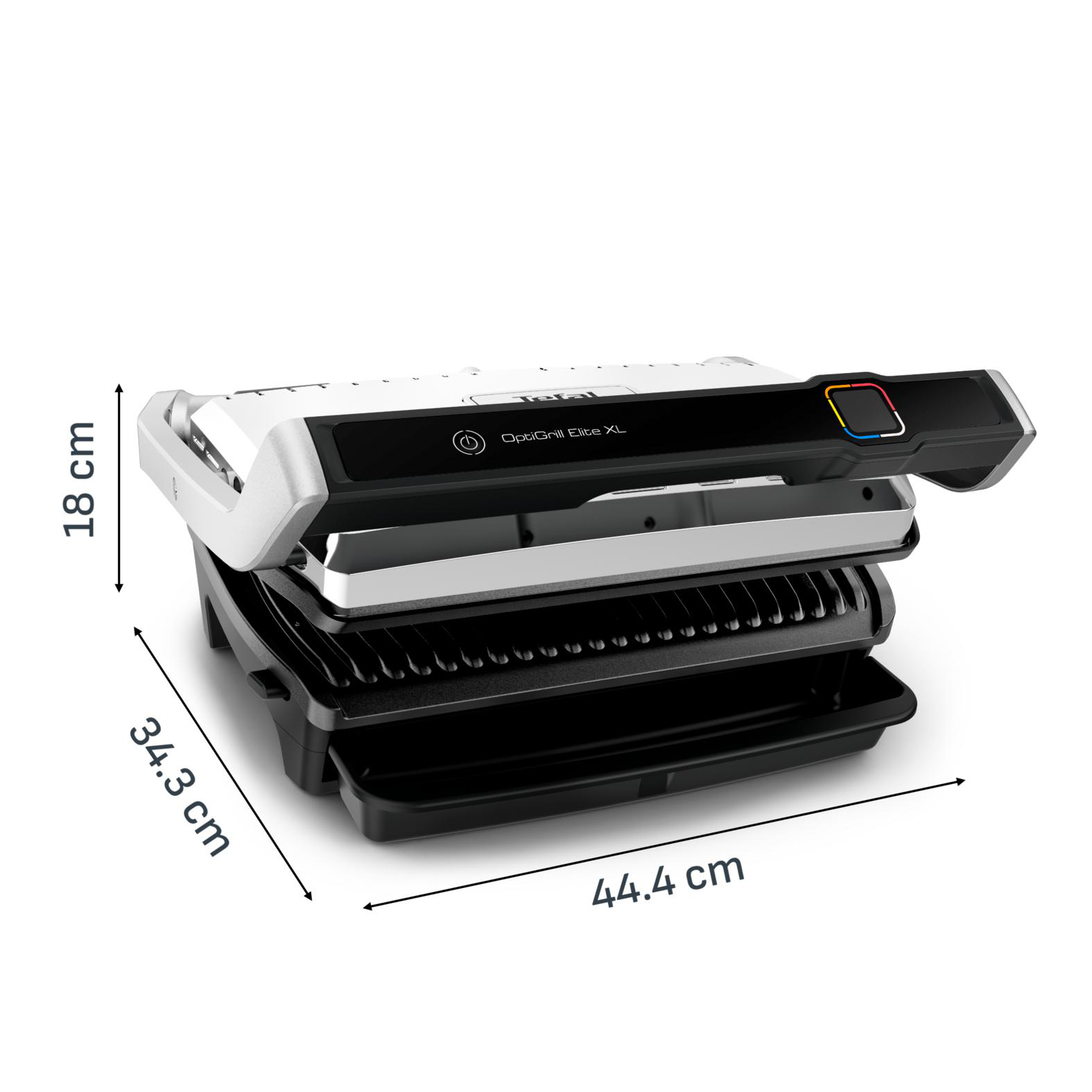 Tefal OptiGrill Elite XL Elektrogrill mit Maßen 44,4 cm x 34,3 cm x 18 cm.