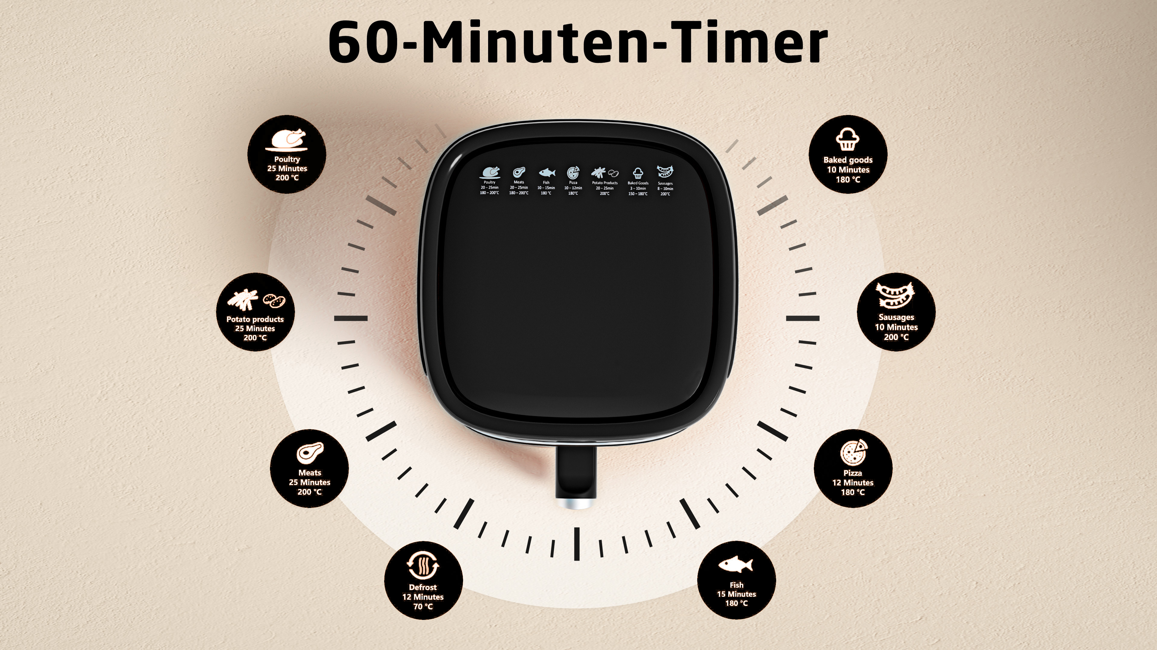 Une minuterie noire de friteuse à air montrant des programmes de cuisson pour divers aliments.