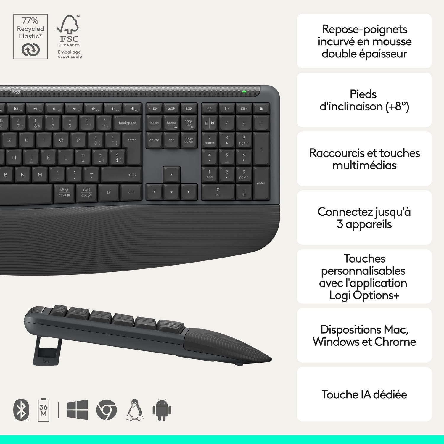 Clavier Logitech avec design ergonomique, repose-poignets et touches multiples.