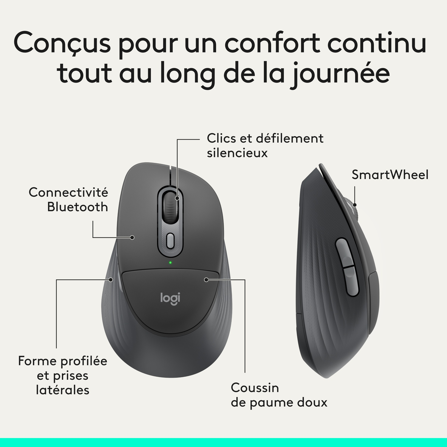 Souris Logitech grise avec SmartWheel, clics silencieux et Bluetooth.