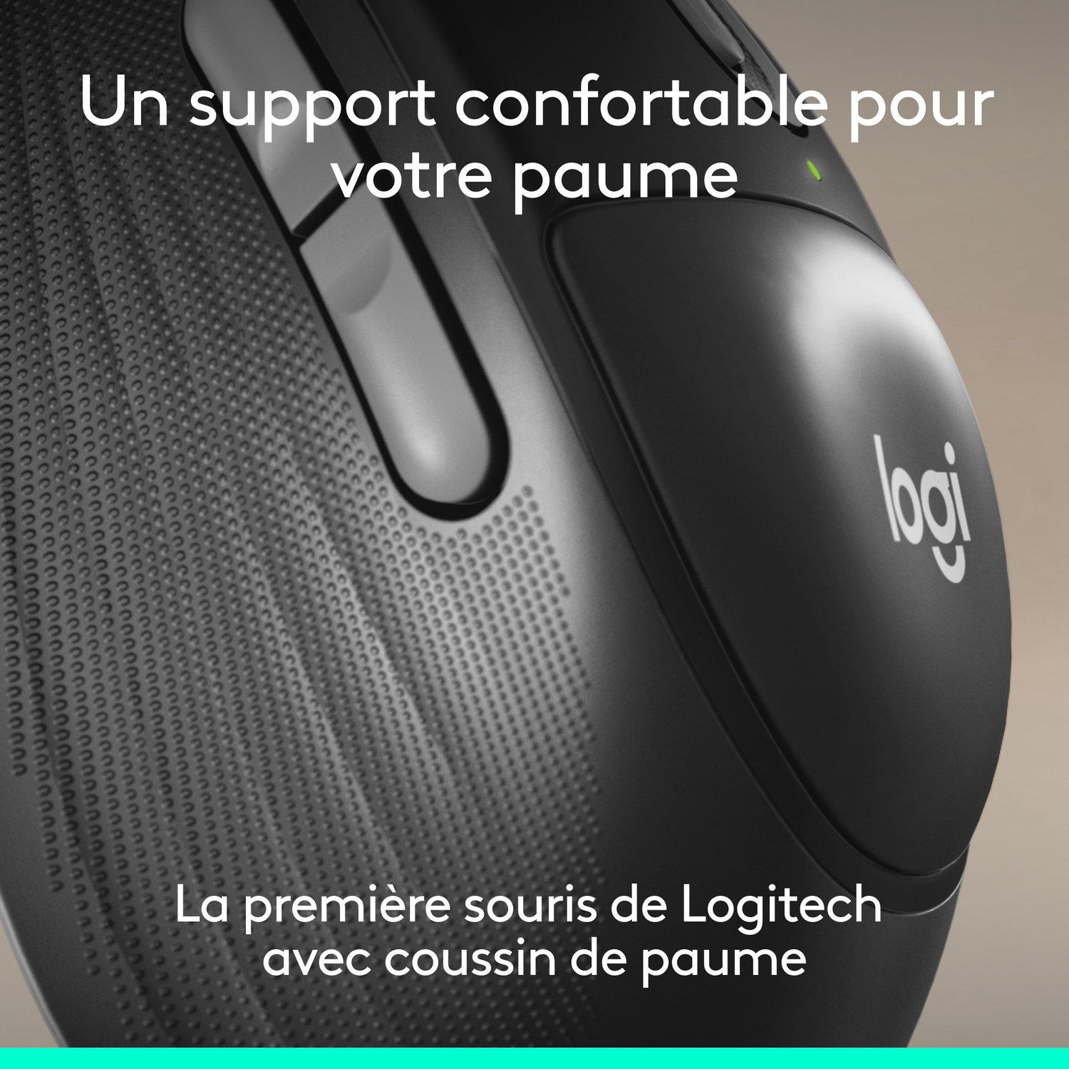 Souris Logitech noire avec grip texturé et logo. Repose-paume confortable.
