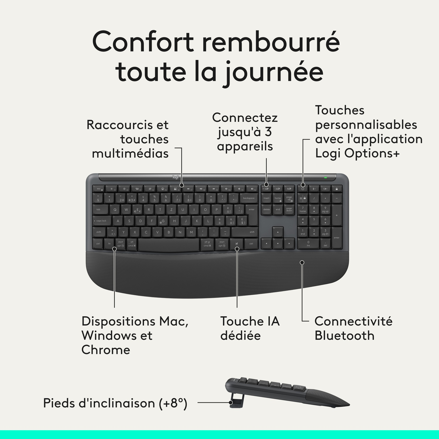 Un clavier gris avec des étiquettes mettant en avant des fonctionnalités comme les touches multimédias, Bluetooth.