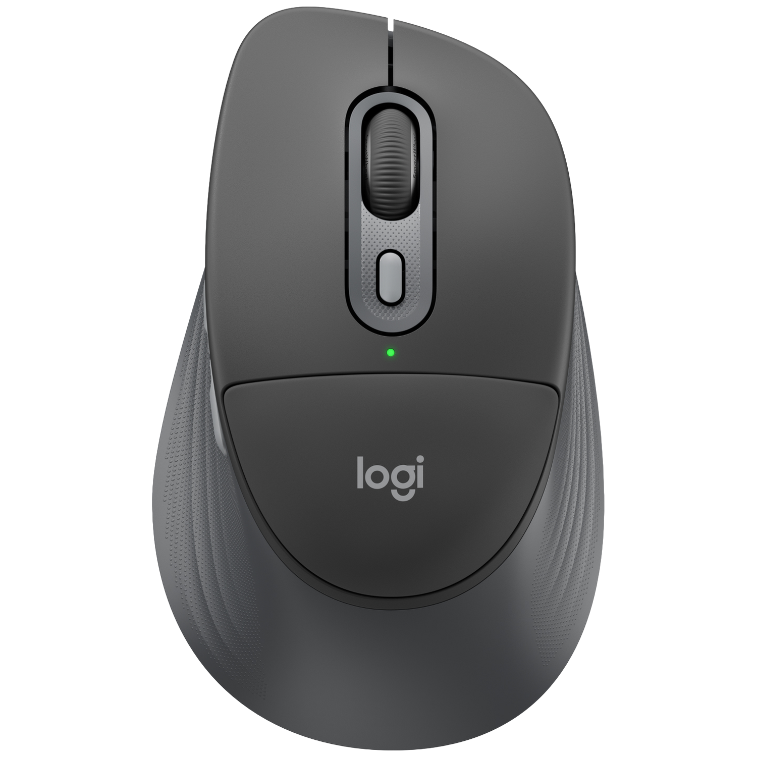 Souris Logitech gris foncé avec molette et bouton pouce. Un point vert allumé.