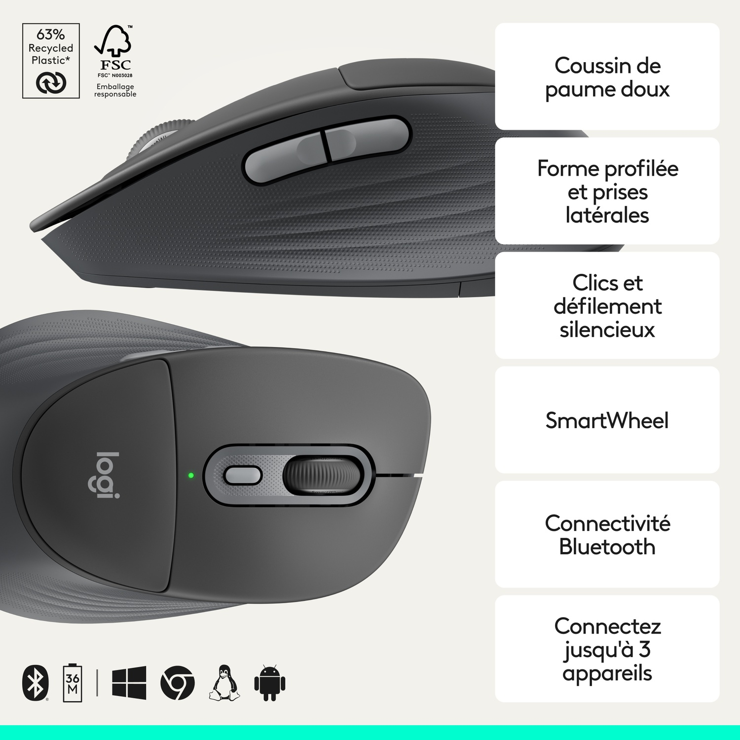 Souris Logitech grise avec SmartWheel et connectivité Bluetooth.