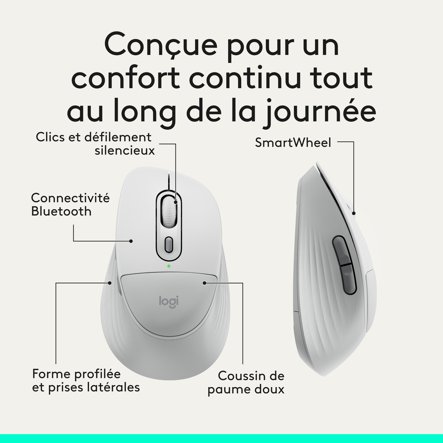 Souris Logitech blanche avec Bluetooth, SmartWheel et clics silencieux.