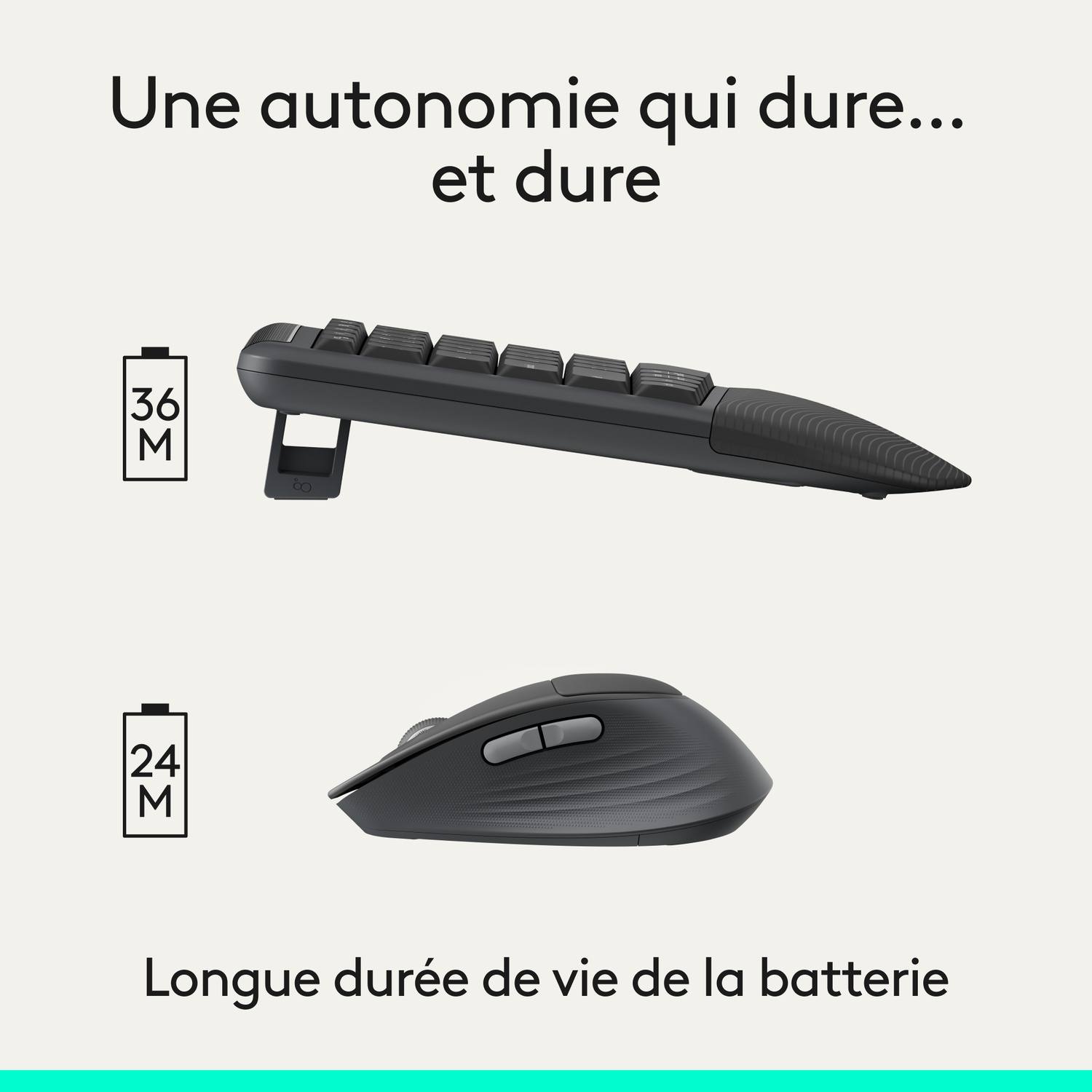 Clavier et souris gris foncé avec icônes de batterie de 36 et 24 mois.