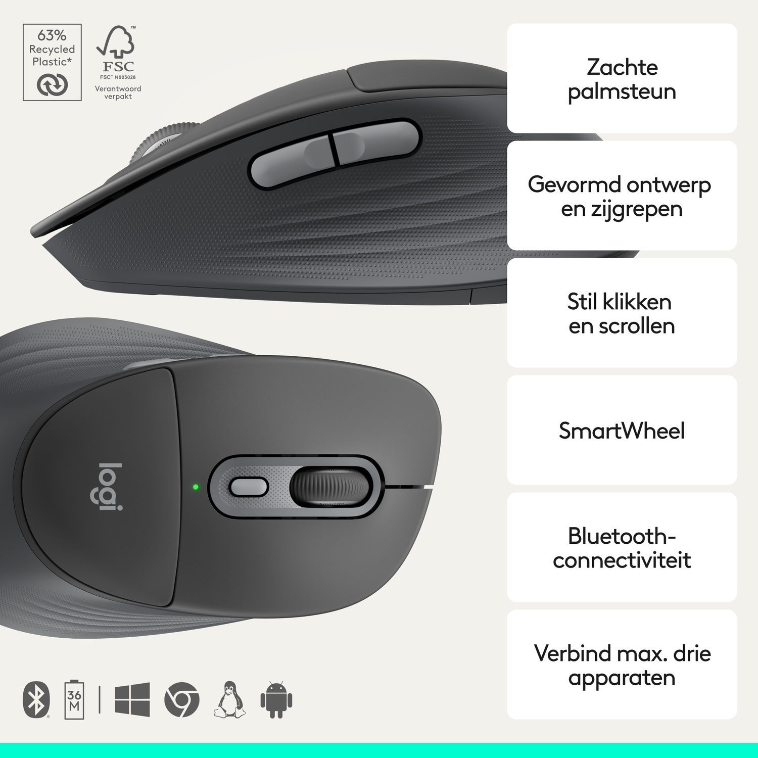 Wireless mouse with recycled plastic, ergonomic and quiet.