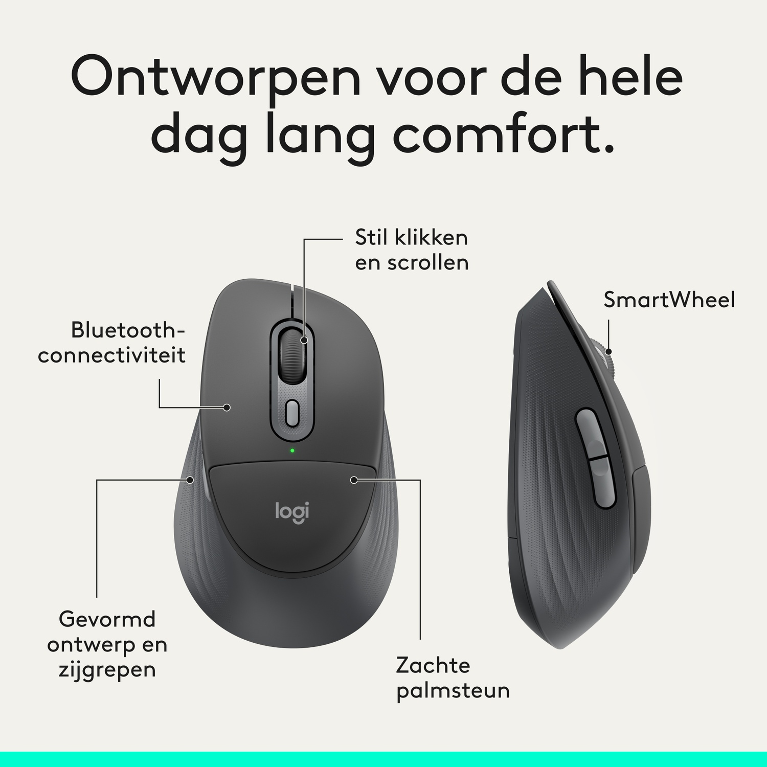 Gray Logitech mouse with Bluetooth, quiet clicks, and SmartWheel.