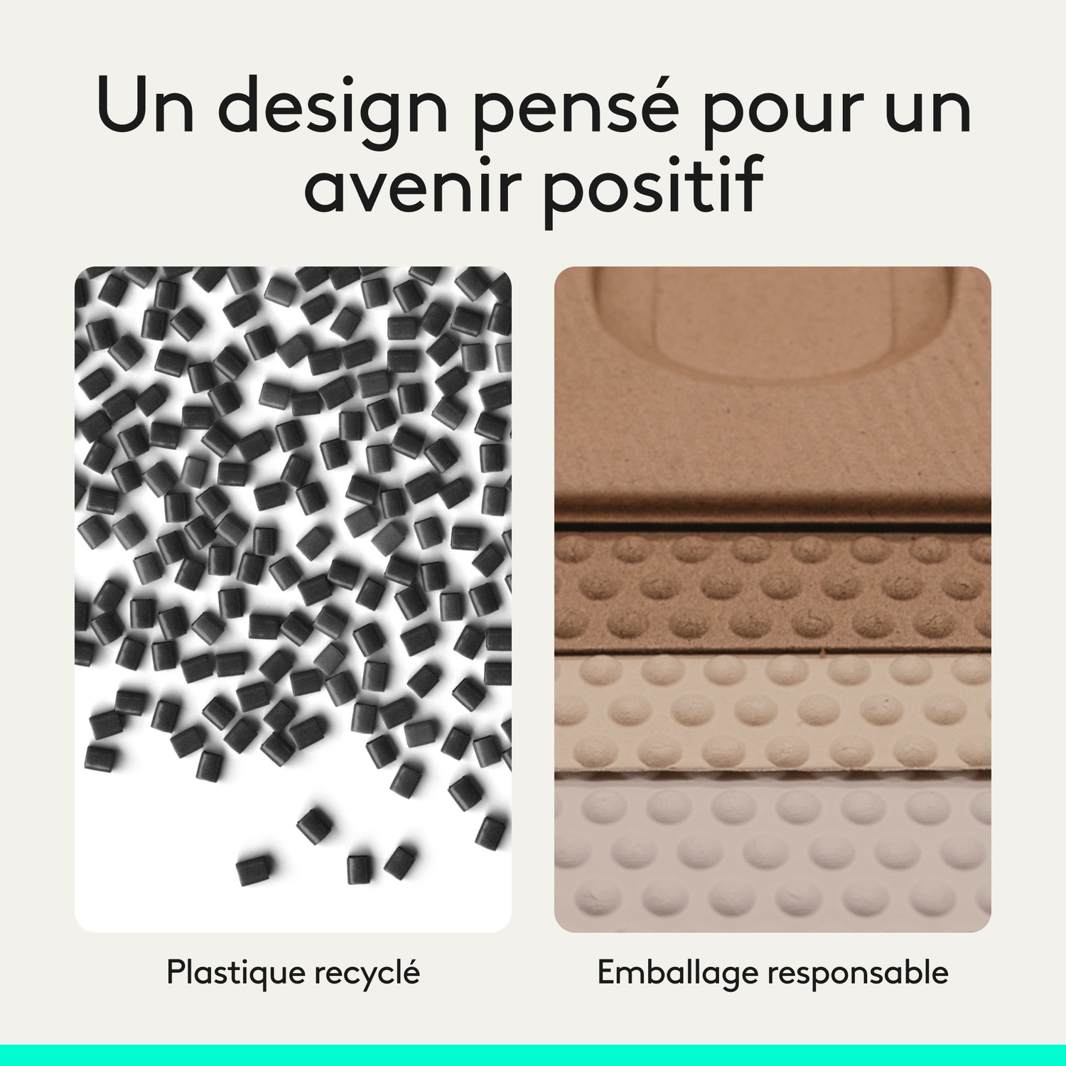 Granulés de plastique recyclé à côté de couches d'emballage durable.