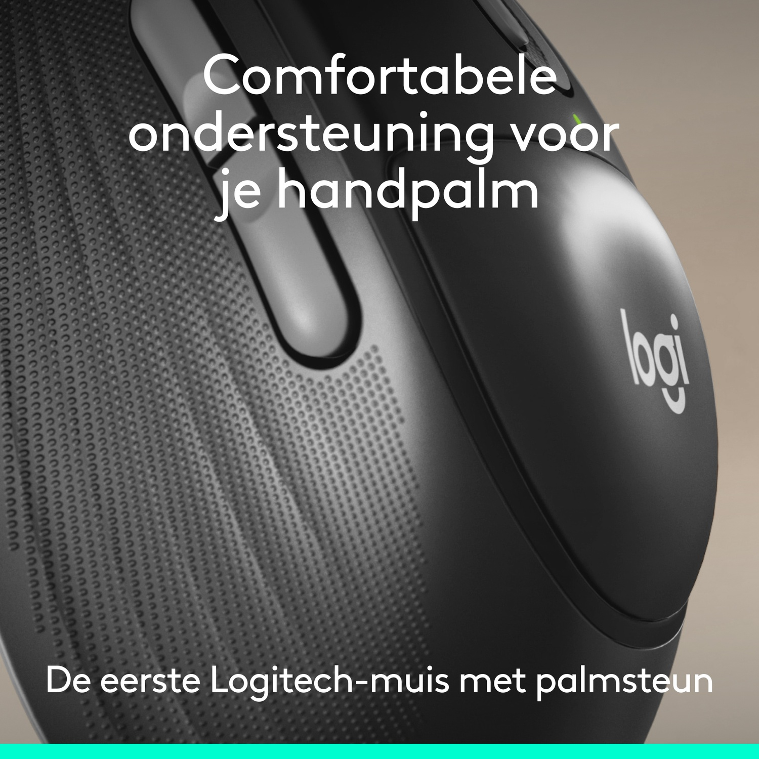 Black Logitech mouse with text and palm rest. Ergonomic design.