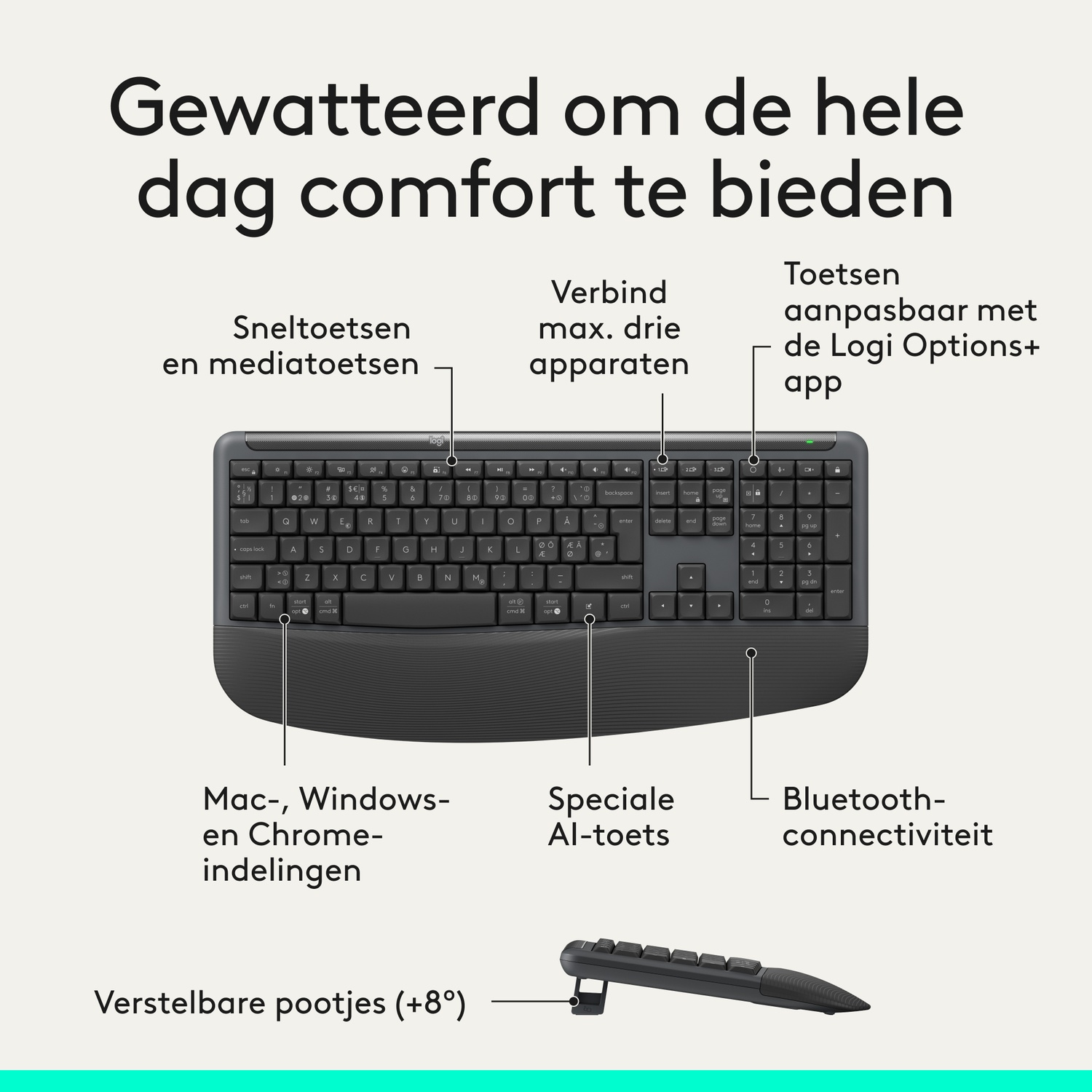 Black wireless keyboard with labels for features like media, connect, customization, and Bluetooth.