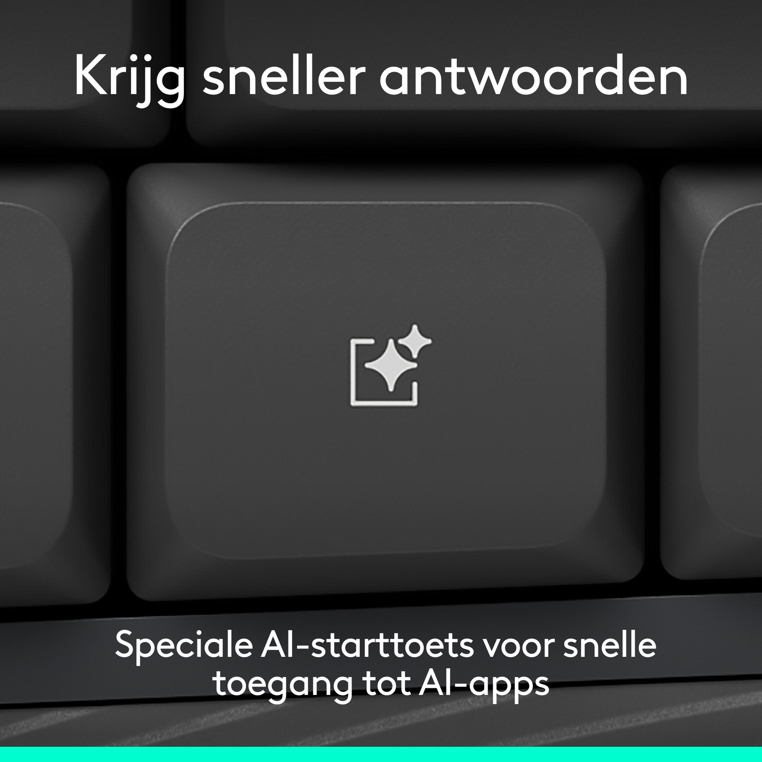 Close-up of a keyboard with an AI icon and text about quick AI answers.