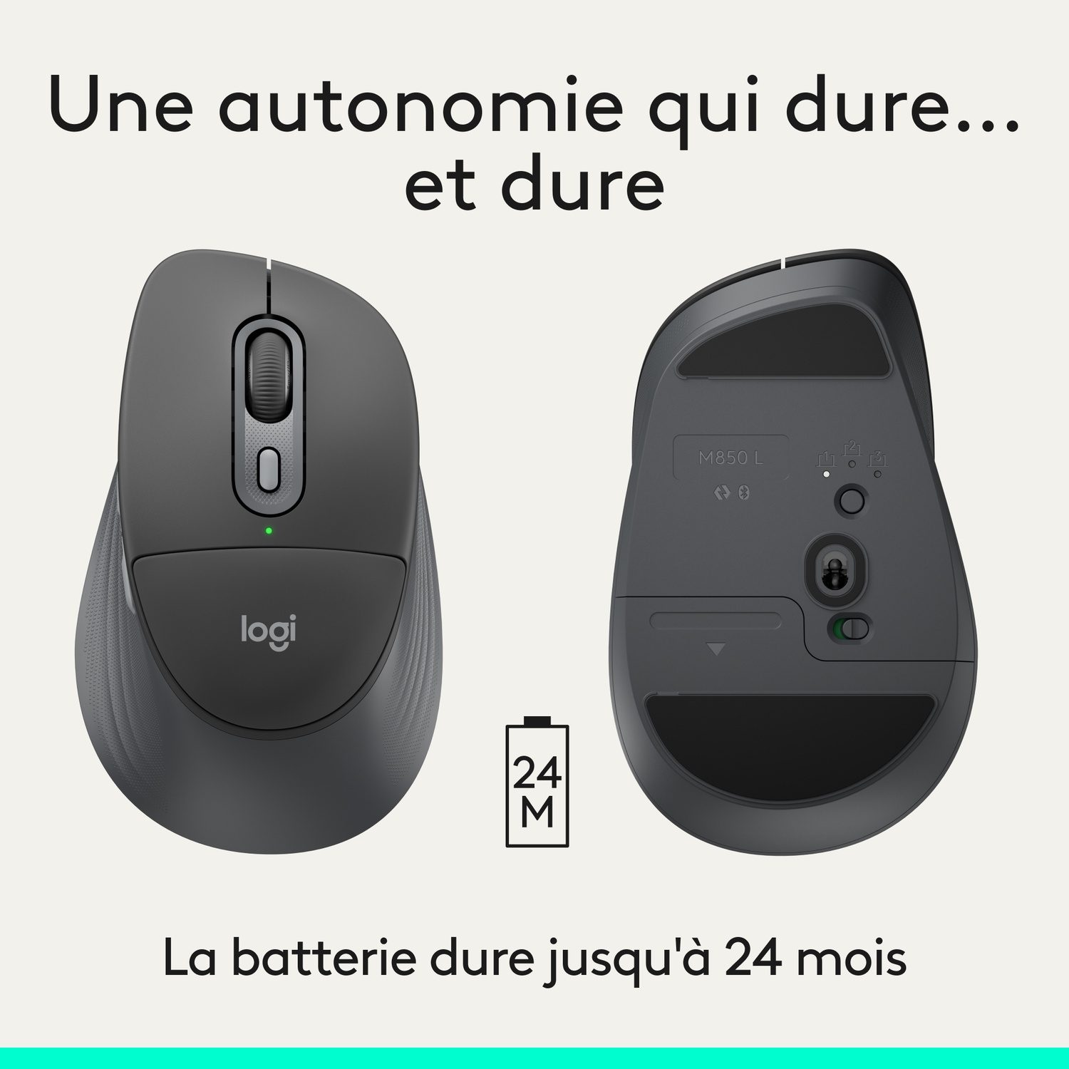 Souris Logitech M850L grise, vues dessus et dessous, avec icône de batterie 24 mois.