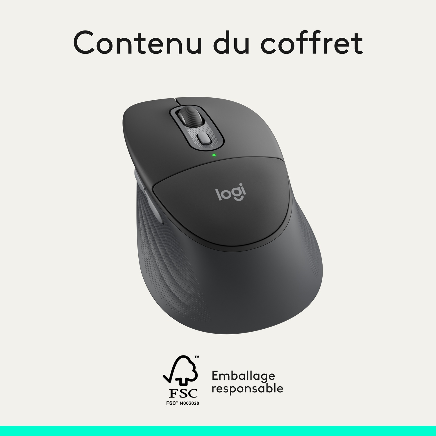 Une souris Logitech grise avec molette et LED verte, à côté du logo FSC.