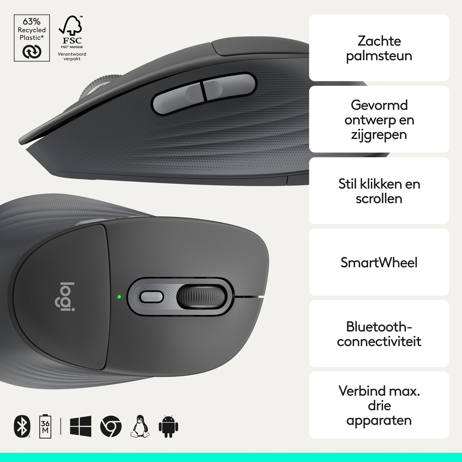Een grijze Logitech muis met zachte palmsteun, SmartWheel en Bluetooth-connectiviteit.