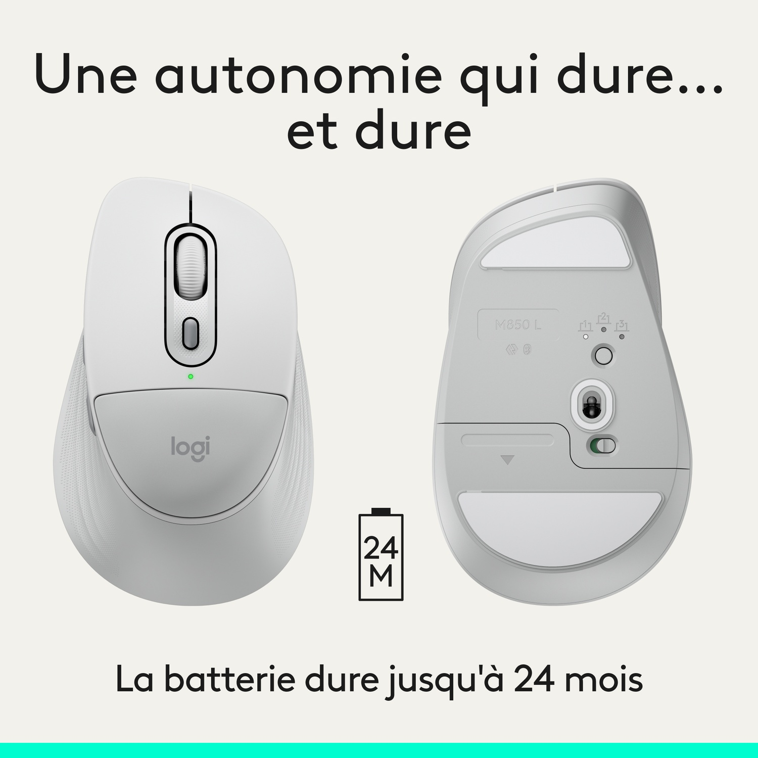 Souris Logitech blanche, vues de face et de dessous, avec icône batterie 24 mois.