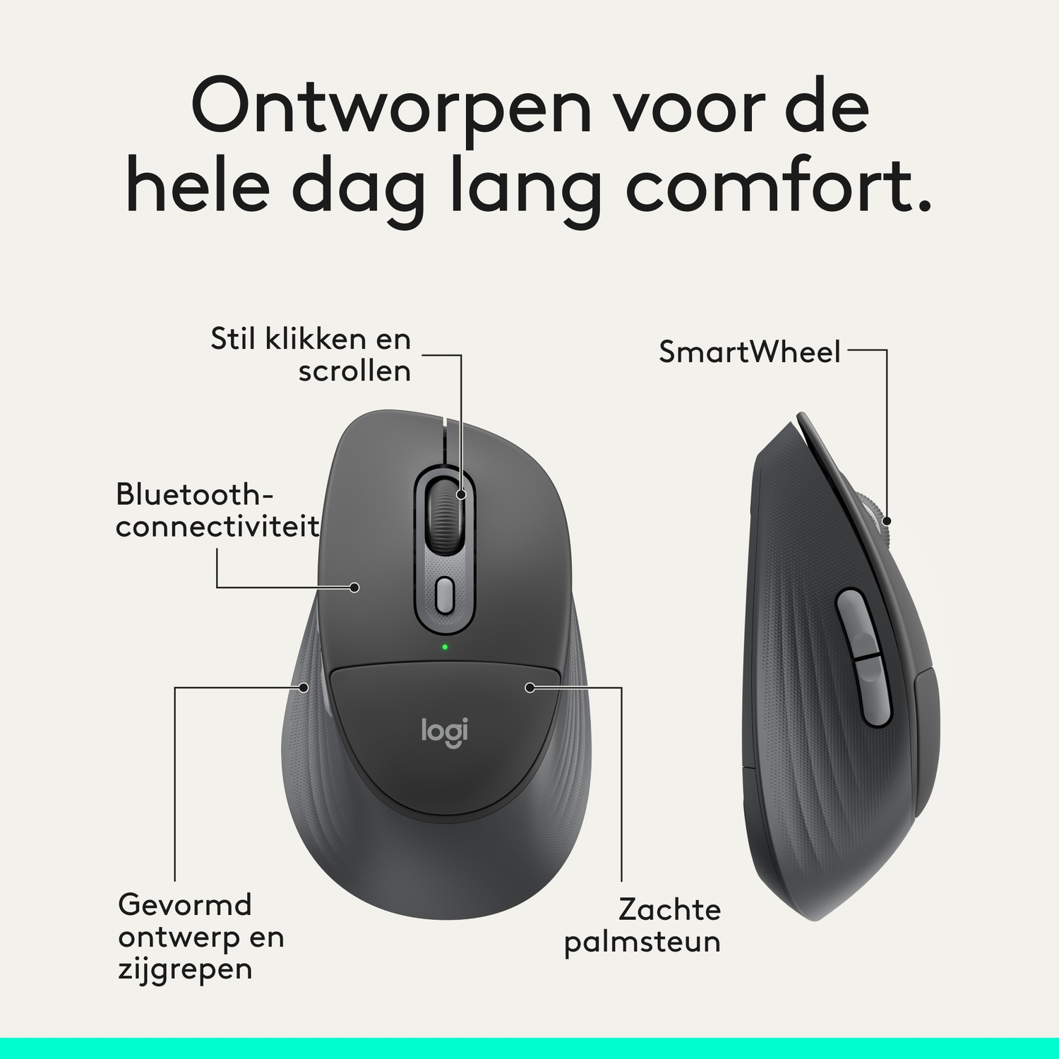 Grijze Logitech muis met SmartWheel, stille kliks en ergonomisch ontwerp.