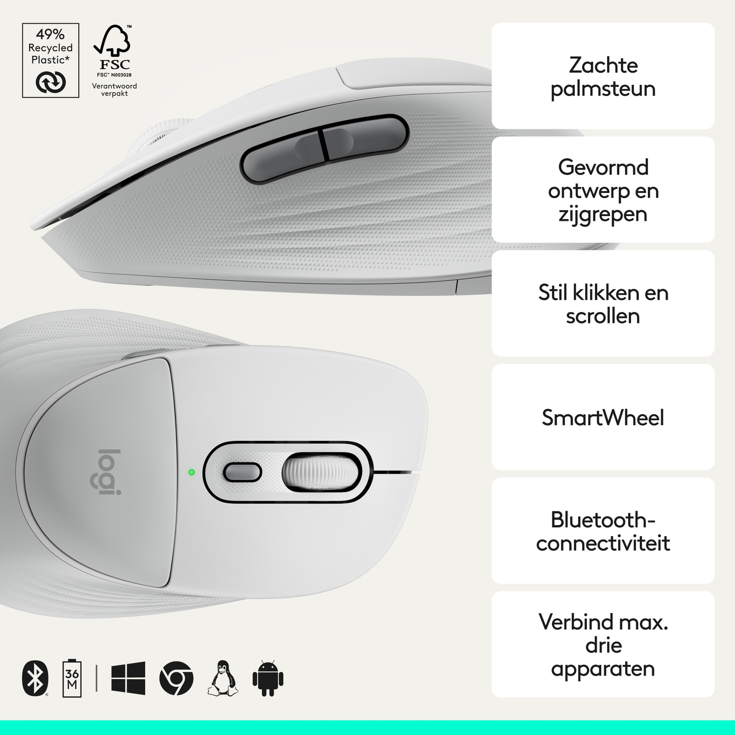 White Logitech mouse with features like soft palm rest, ergonomic design, quiet clicks, SmartWheel, Bluetooth, and multi-device connectivity.