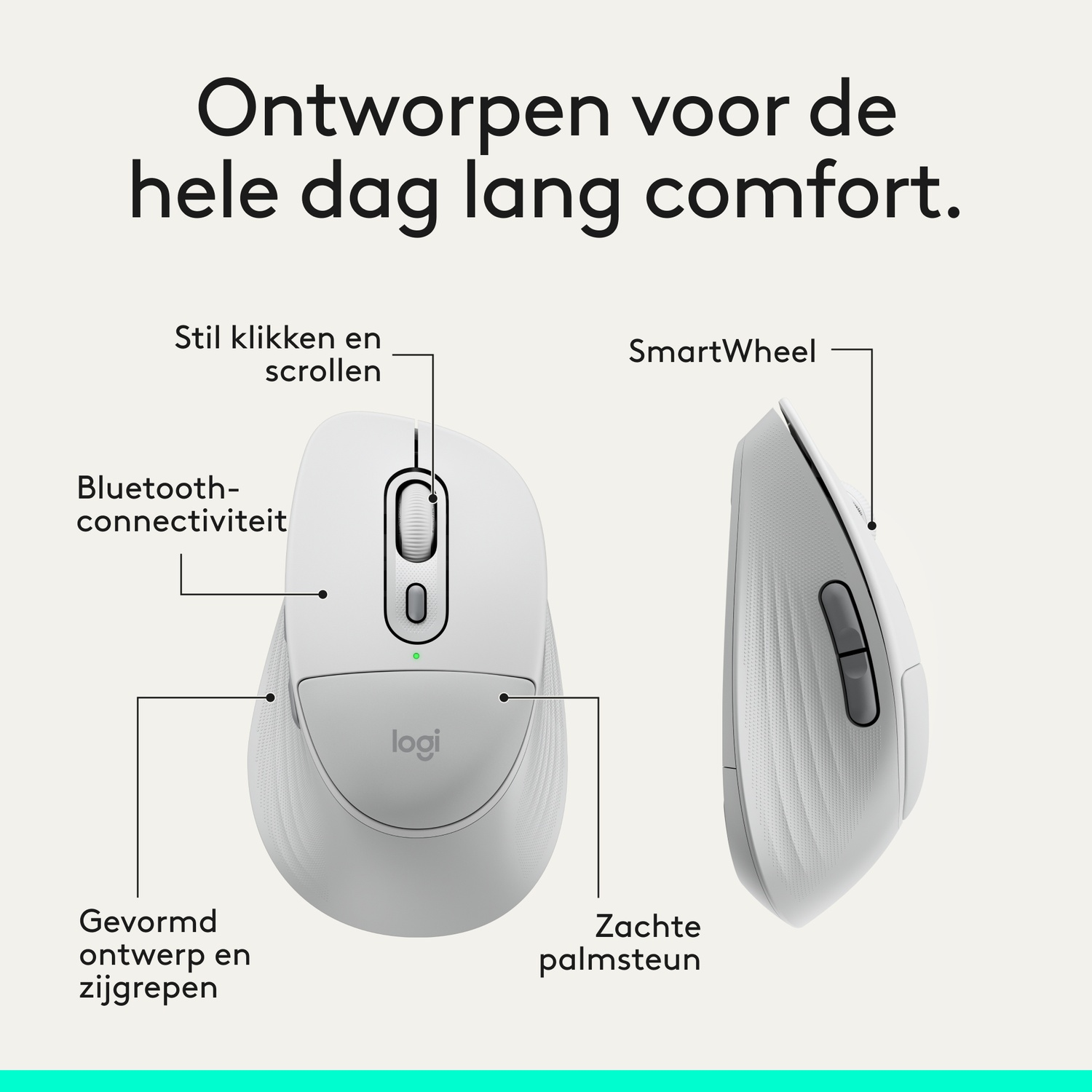 White Logitech mouse with SmartWheel and Bluetooth. Ergonomic design.