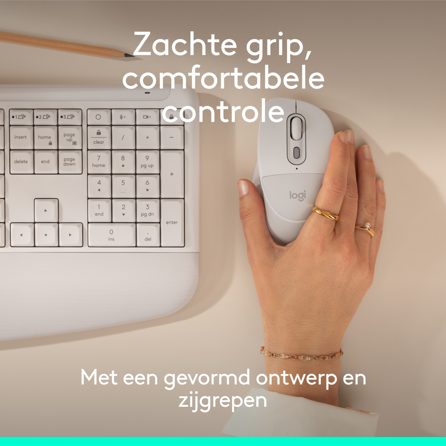 A white mouse and keyboard with a pencil. A hand operates the mouse.