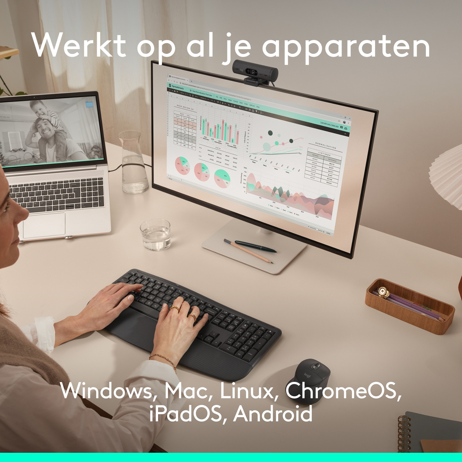 Een persoon gebruikt een laptop, monitor en toetsenbord. Tekst: Werkt op al je apparaten.