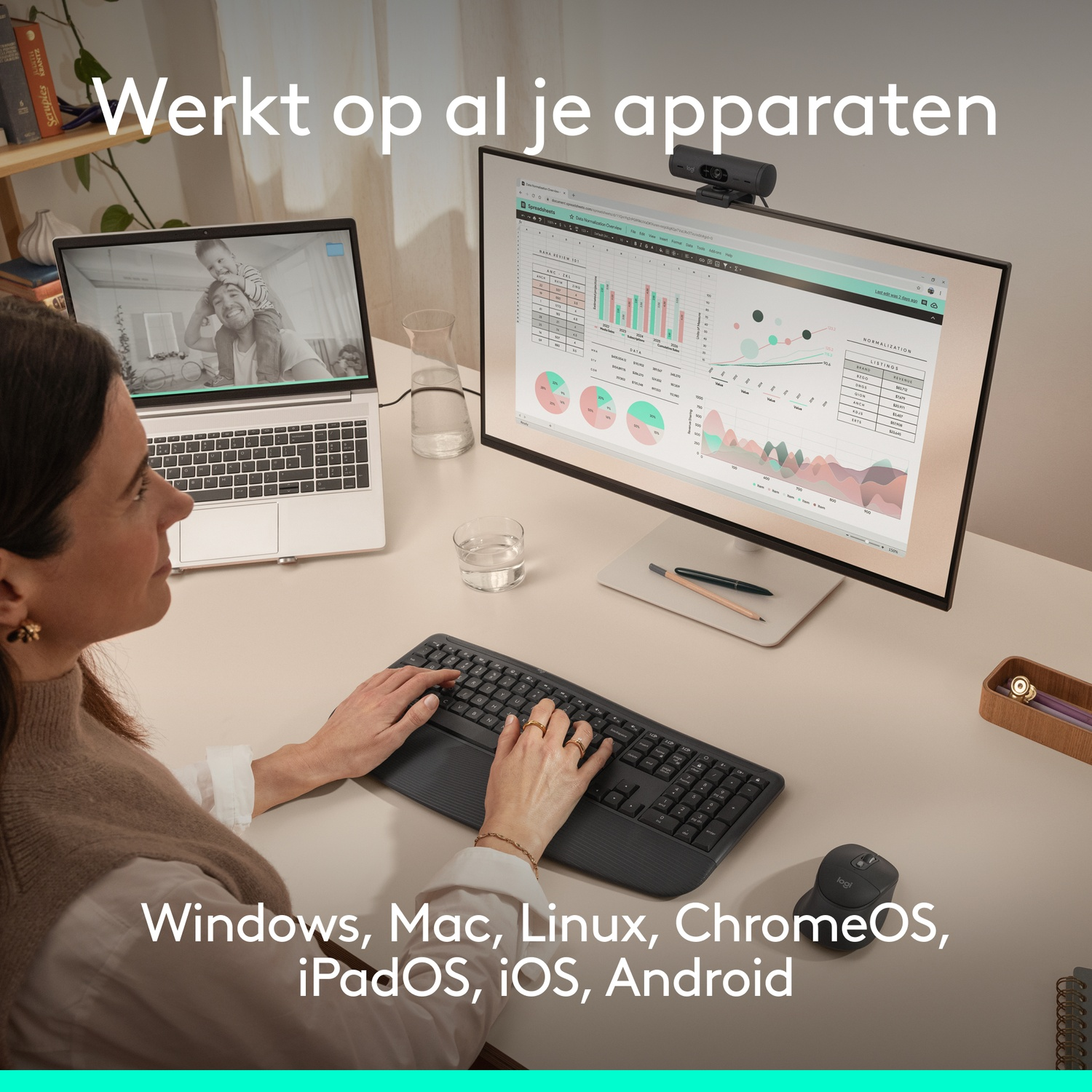Woman working at a desk with laptop, monitor, and mouse. Text: Works on all devices.